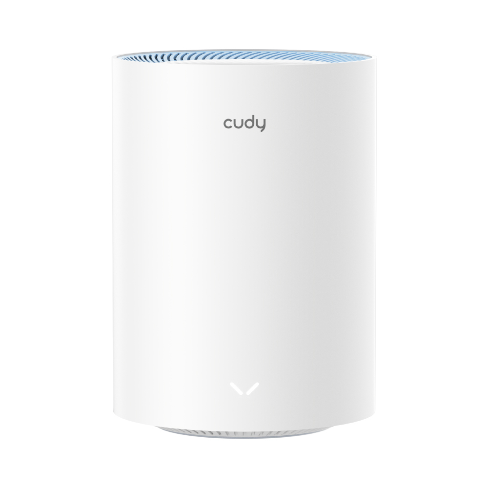 Dispositivo cilindrico bianco con parte superiore blu e logo 'cudy'. Ha un simbolo a freccia verso il basso.