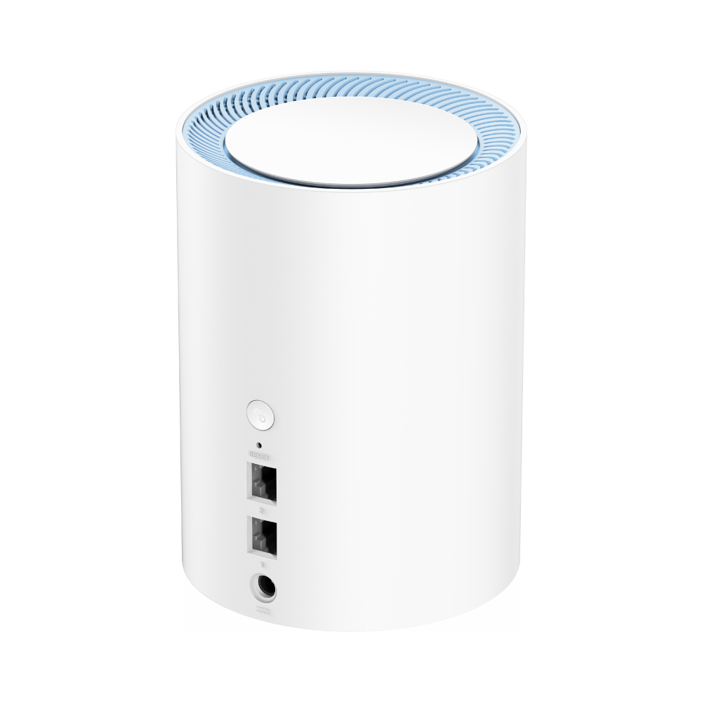 Un dispositivo cilindrico bianco con bordo blu. Ha porte, un pulsante di reset e un pulsante di accensione sul lato.