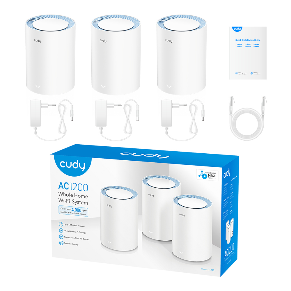 Un kit del sistema Wi-Fi per tutta la casa Cudy AC1200. Include tre router cilindrici bianchi, adattatori di alimentazione, cavi e una guida rapida.