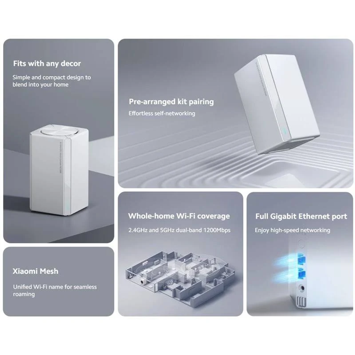 È presente un router Wi-Fi bianco. Viene mostrato con funzioni come la copertura per tutta la casa e Gigabit Ethernet. Il design è semplice e compatto.