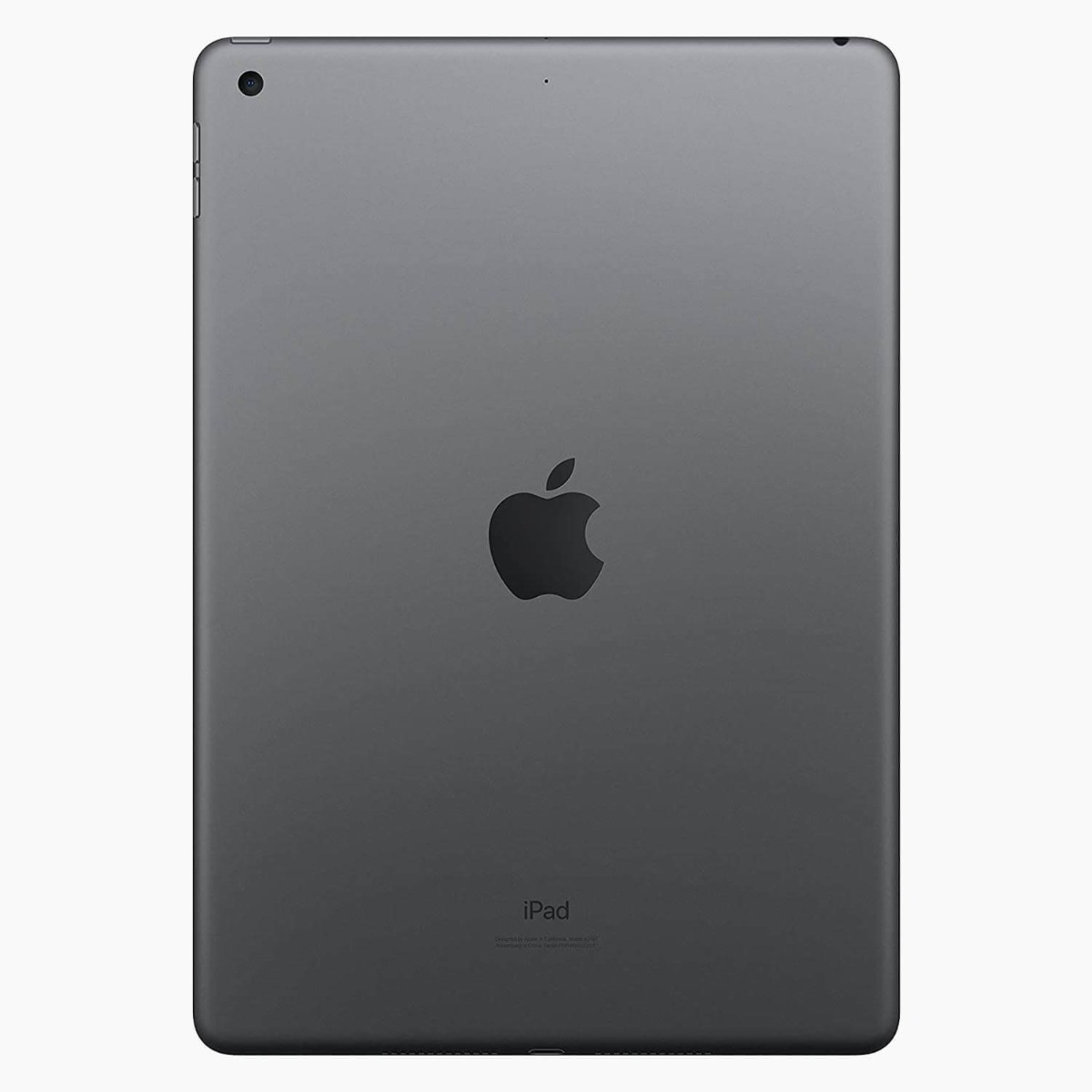 Tył ciemnoszarego iPada. Logo Apple pośrodku, aparat u góry i tekst iPad na dole. Powierzchnia jest gładka.