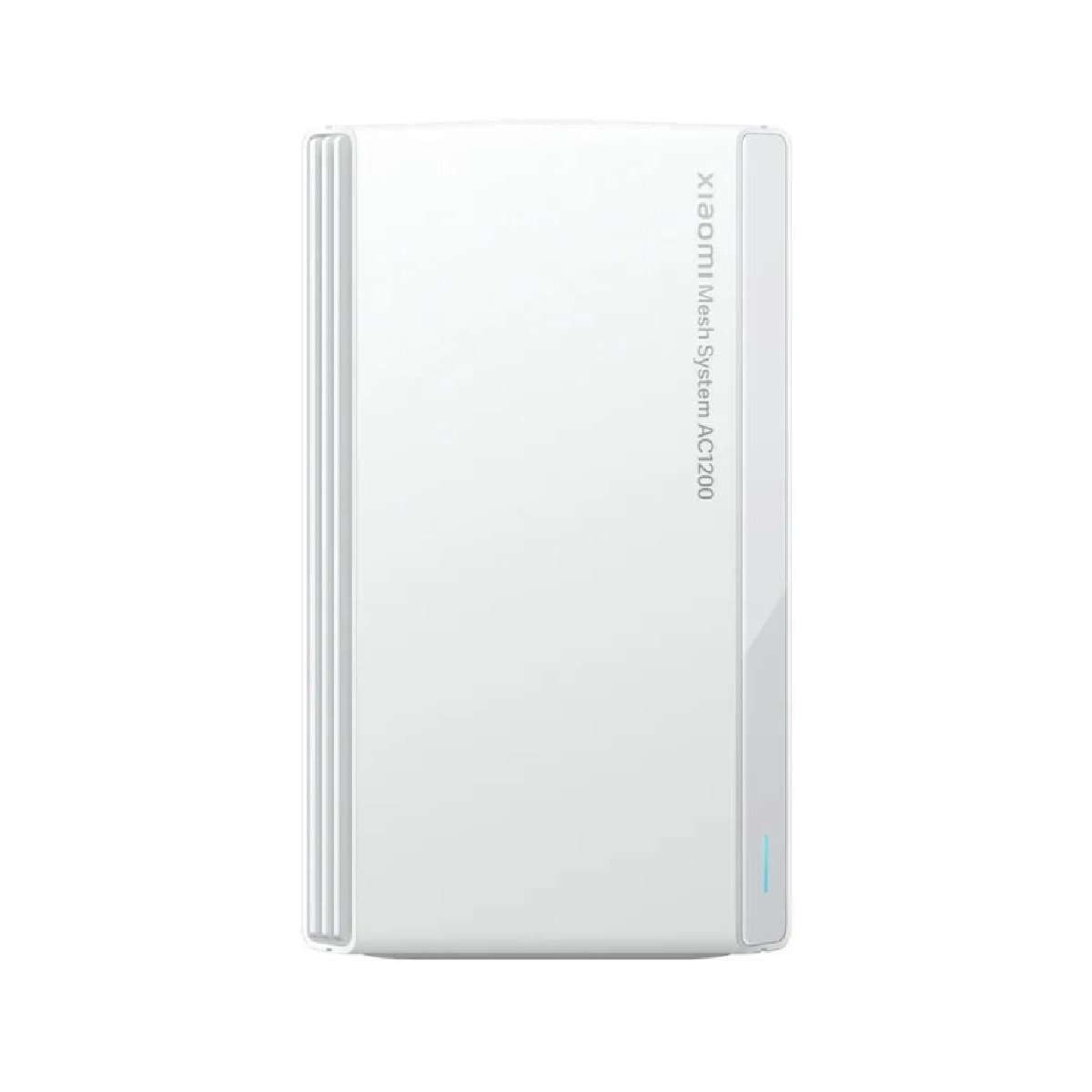 Un router blanco Xiaomi Mesh System AC1200. Tiene líneas verticales a la izquierda y una luz azul abajo.