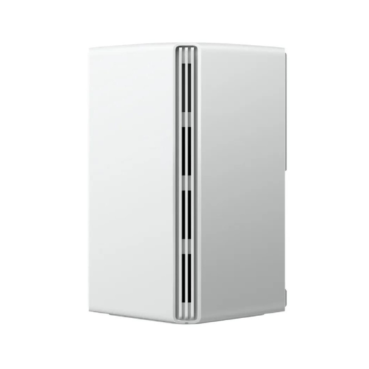 Un dispositivo rectangular blanco con una serie de líneas verticales negras en un lado. El dispositivo está de pie sobre un fondo blanco.