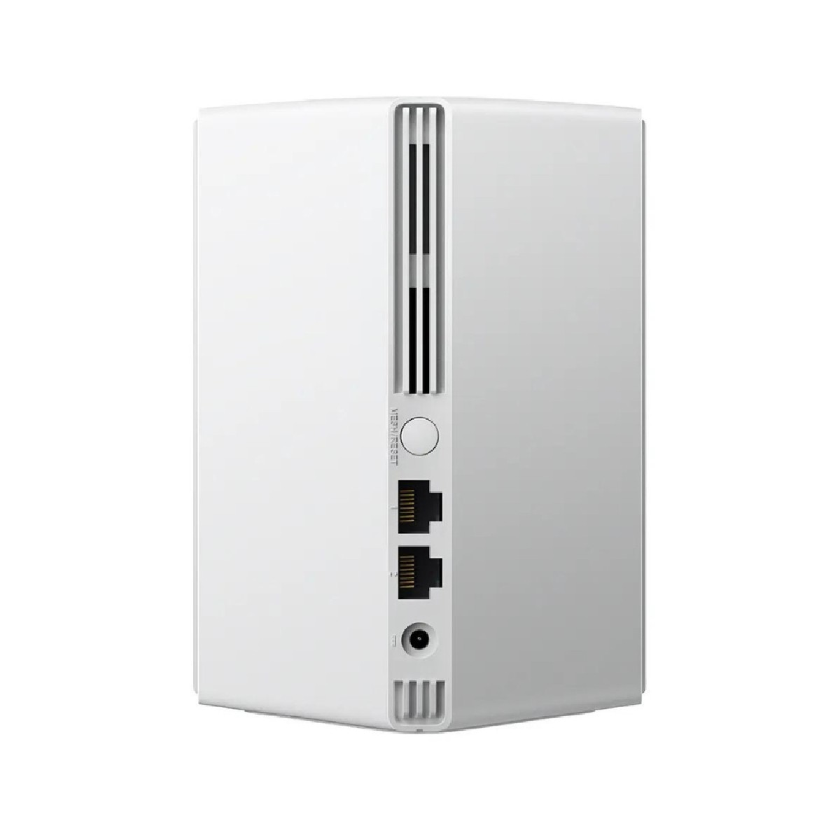 Un enrutador blanco con puertos negros y rayas verticales. Tiene un botón de reinicio y puertos Ethernet. El dispositivo está aislado en blanco.