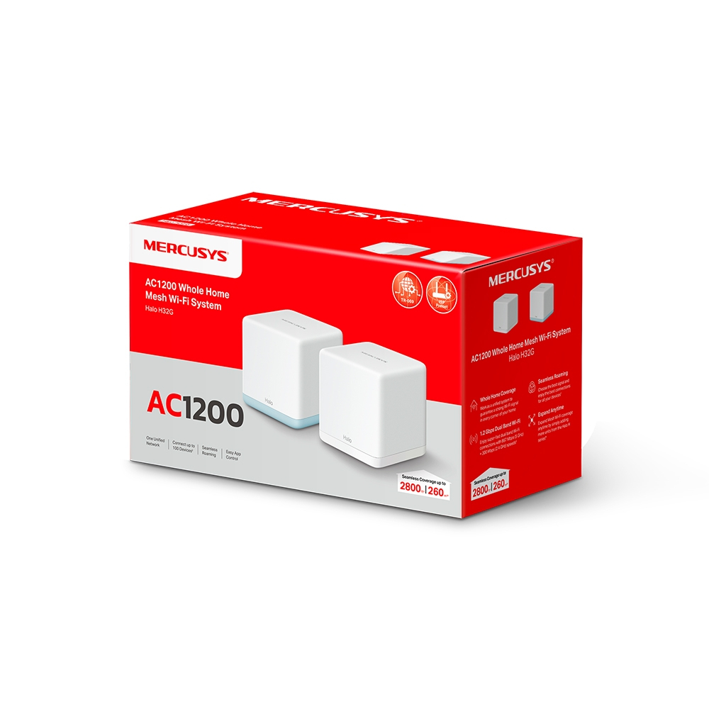 Una caja roja y blanca de un sistema Wi-Fi de malla Mercusys AC1200. Dos dispositivos blancos están al frente.