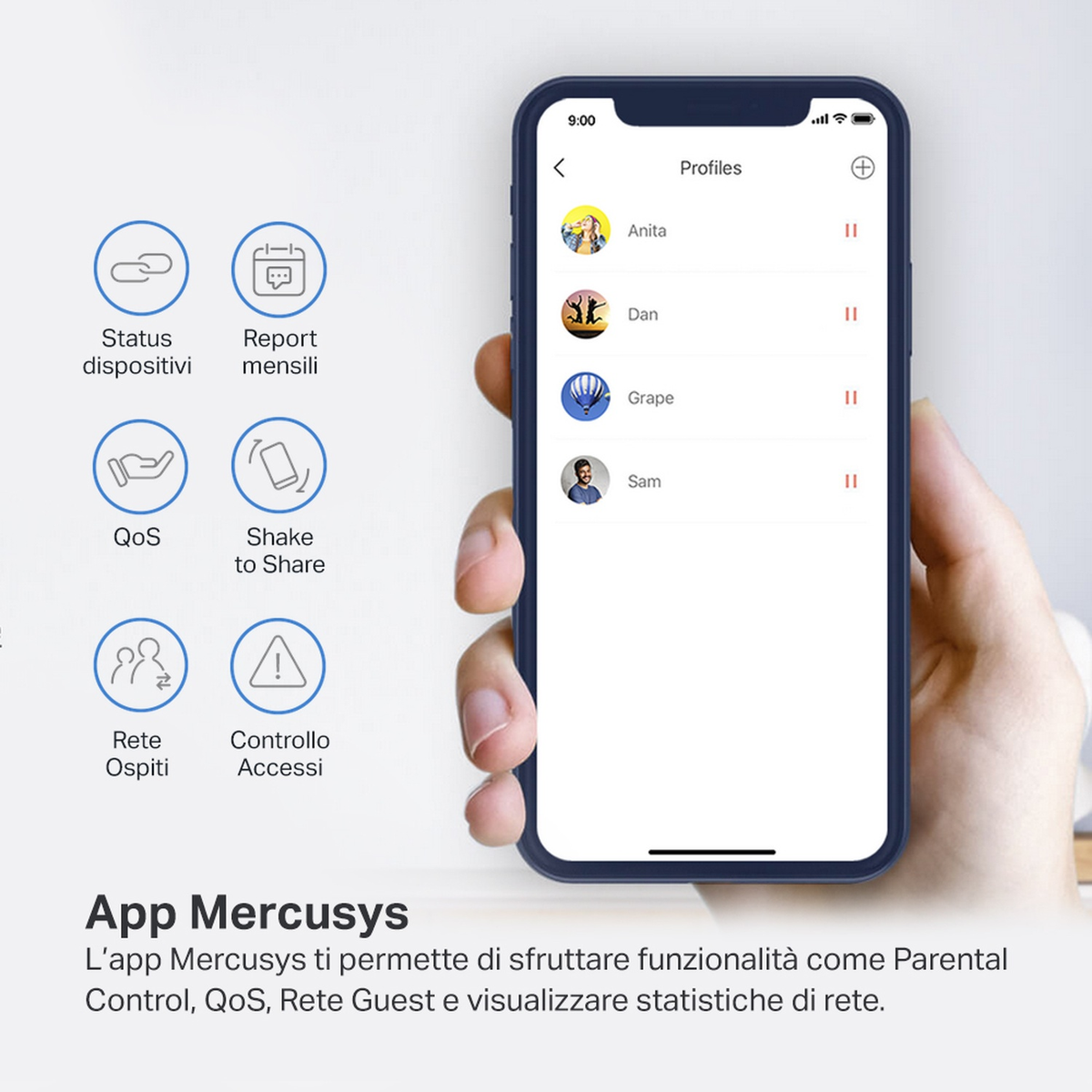 Una mano sostiene un teléfono con perfiles de aplicaciones. Iconos de estado, QoS y red de invitados a la izquierda. Texto: App Mercusys.