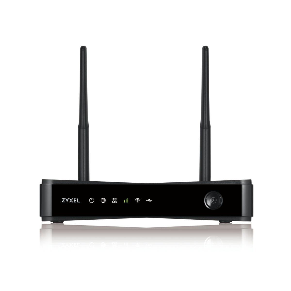 Enrutador Zyxel negro con dos antenas. Tiene indicadores de encendido y LTE. El enrutador está sobre una superficie blanca.