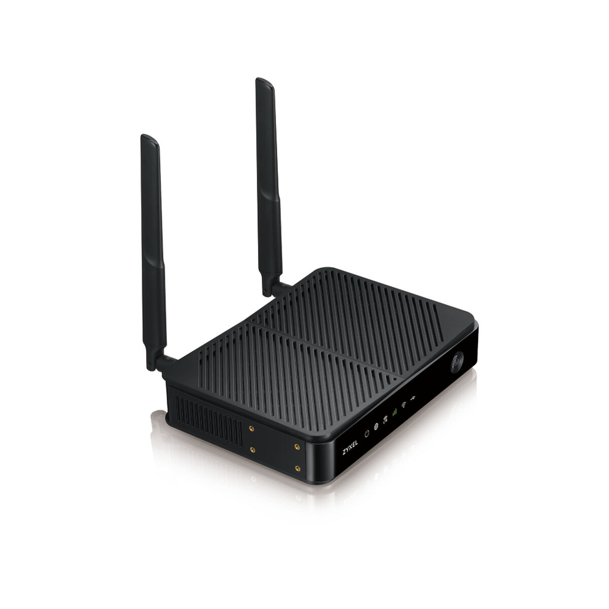 Un enrutador Zyxel negro con dos antenas. Está sobre una superficie blanca. La parte superior tiene crestas y luces.