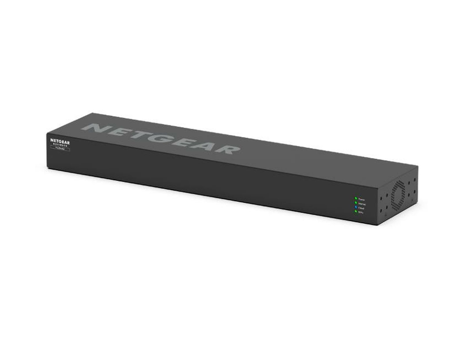 Un dispositivo di rete Netgear nero. Il dispositivo ha il logo Netgear, spie di stato e fori di ventilazione sul lato.