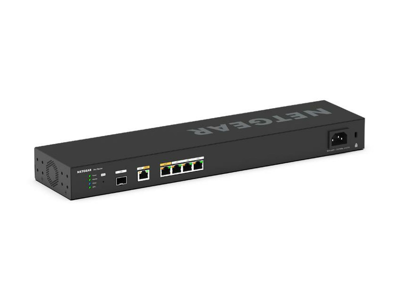 Uno switch di rete Netgear nero. Ha porte, luci e un ingresso di alimentazione. Il logo Netgear è visibile. Lo sfondo è bianco.