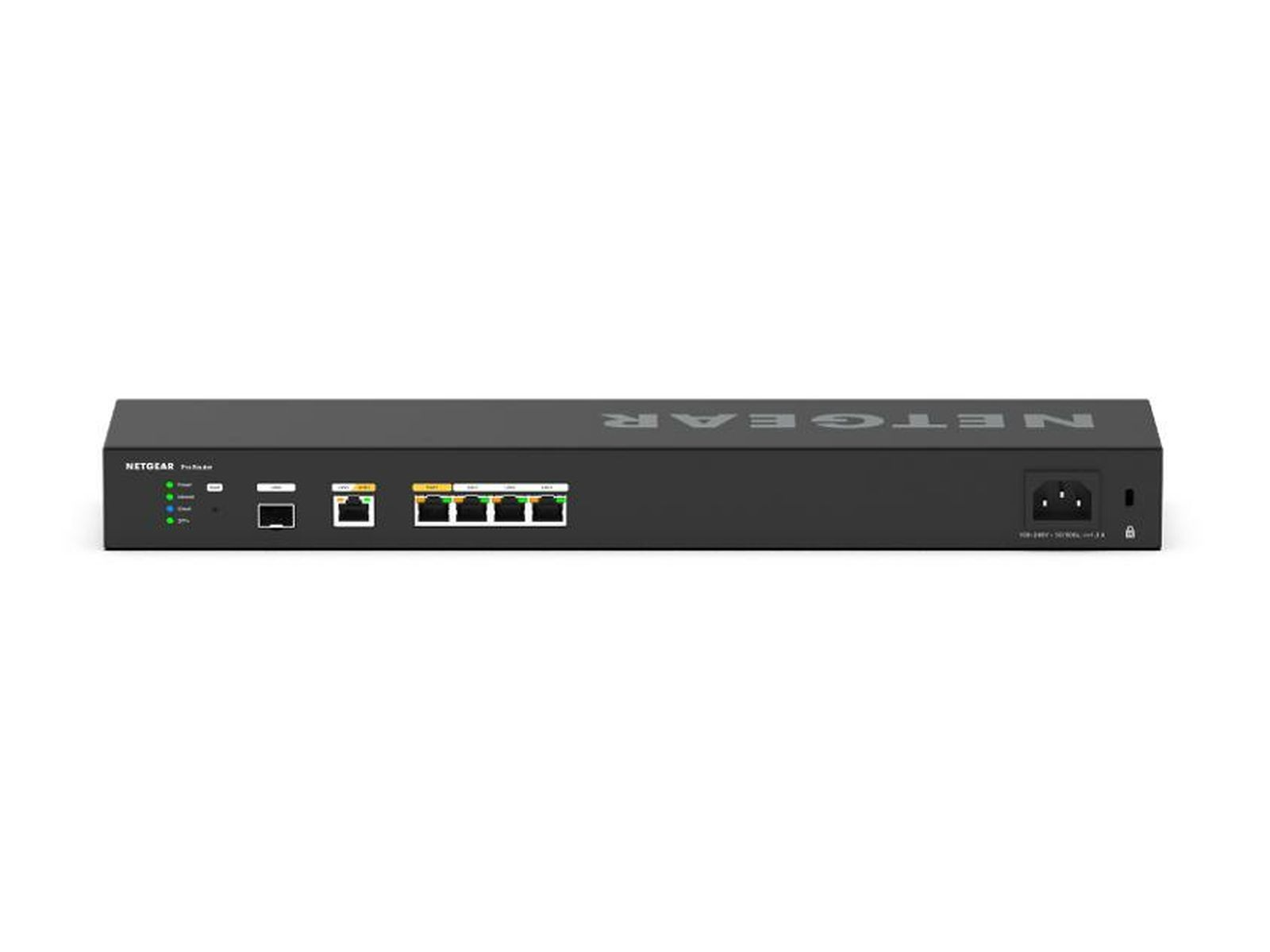 Un router Netgear ProSafe nero su sfondo bianco. Ha porte, luci e un ingresso di alimentazione.