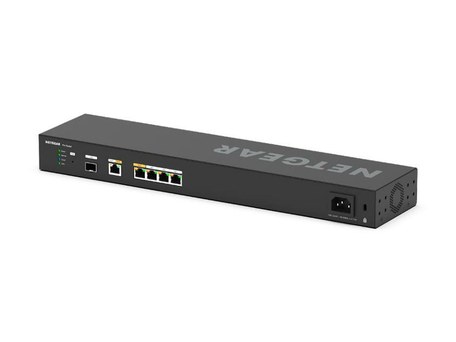 Uno switch di rete Netgear nero. Ha più porte, spie luminose e il logo Netgear sulla parte superiore.
