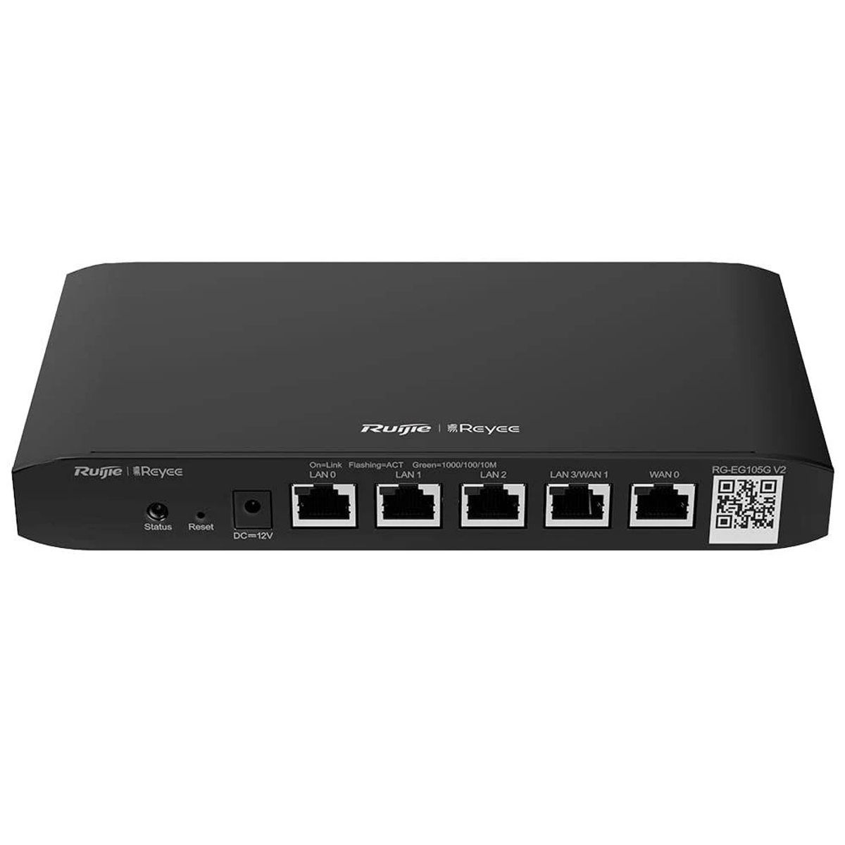 Un enrutador Ruijie Reyee negro con puertos e indicadores. Las etiquetas incluyen LAN, WAN y DC-12V. Código QR y número de modelo visibles.
