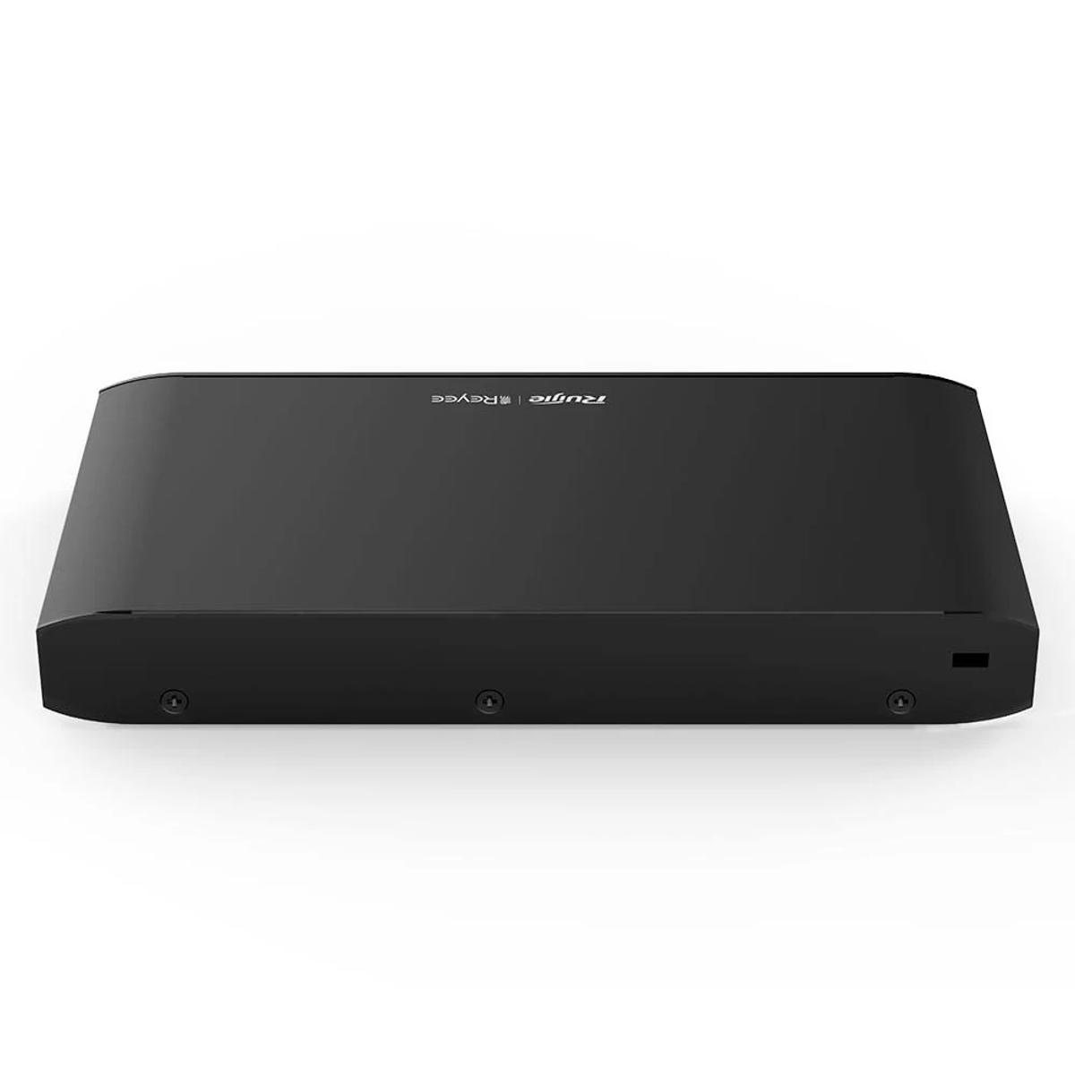 Un dispositivo rectangular negro con esquinas redondeadas, un logotipo y orificios para tornillos. Descansa sobre una superficie blanca.