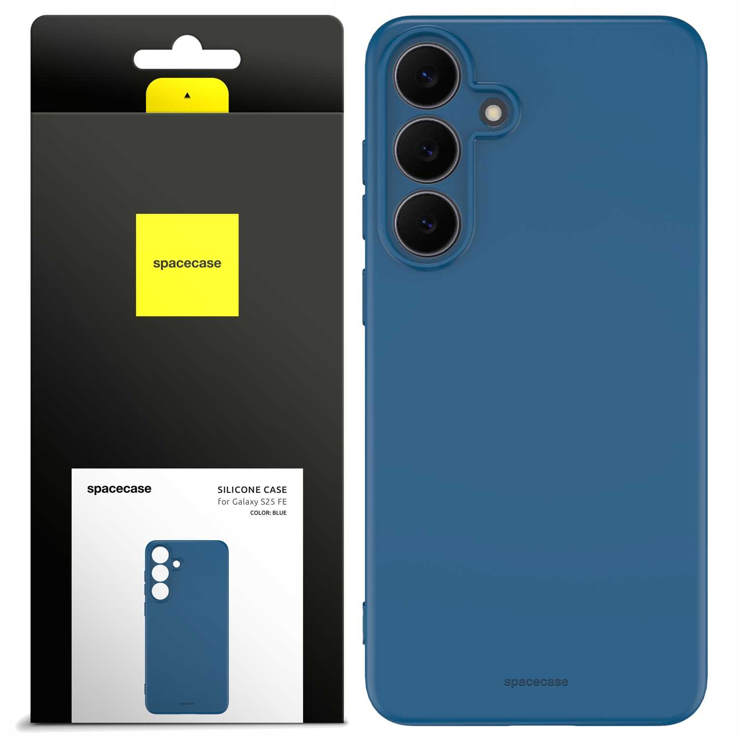 Niebieskie etui na telefon i jego opakowanie. Opakowanie pokazuje etui, markę Spacecase i szczegóły produktu.