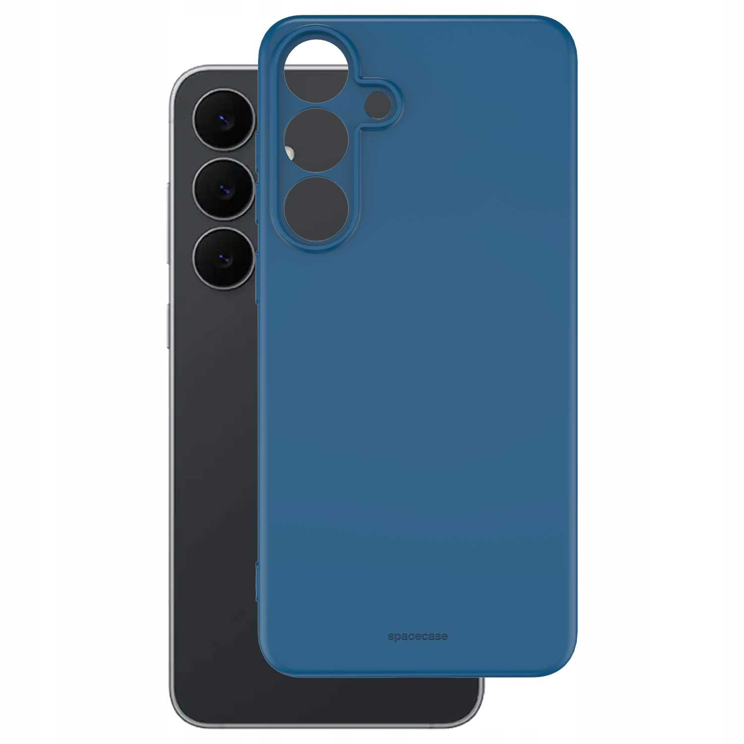 Smartfon w kolorze szaro-srebrnym obok niebieskiego etui. Etui ma otwory na obiektywy aparatu i nazwę marki spacecase.