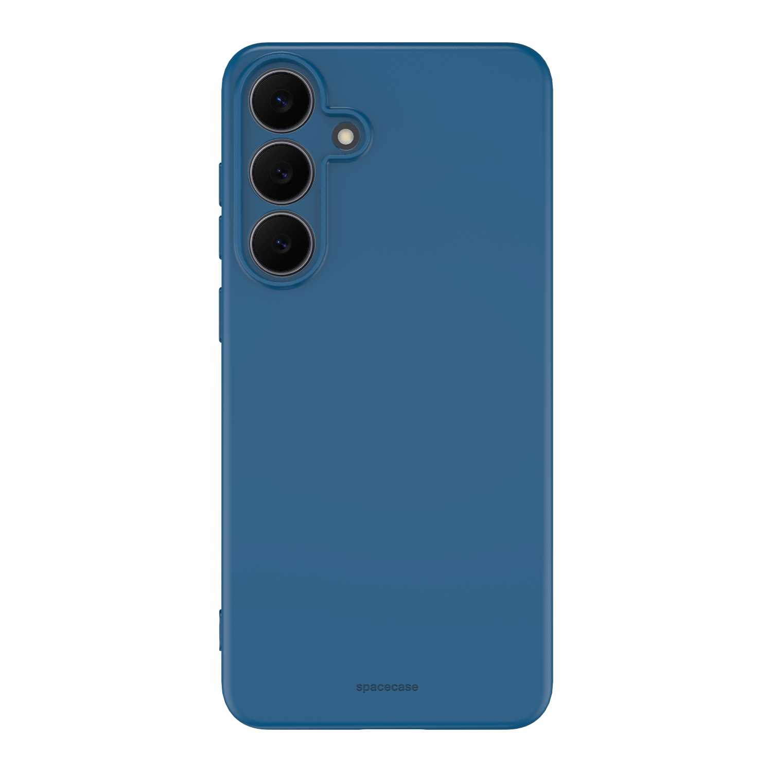 Niebieskie etui na telefon z trzema obiektywami i lampą błyskową. Marka 'spacecase' na dole etui.