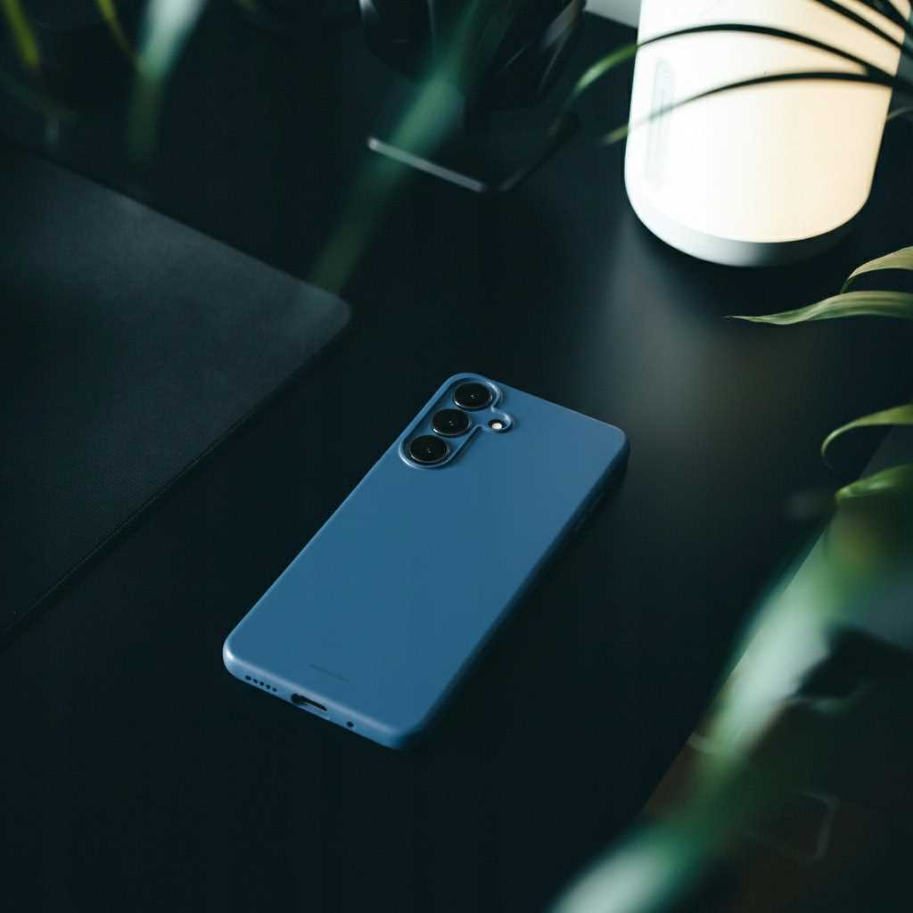 Niebieski smartfon z trzema aparatami leży na czarnym biurku. Biała lampa i zielone rośliny w tle.