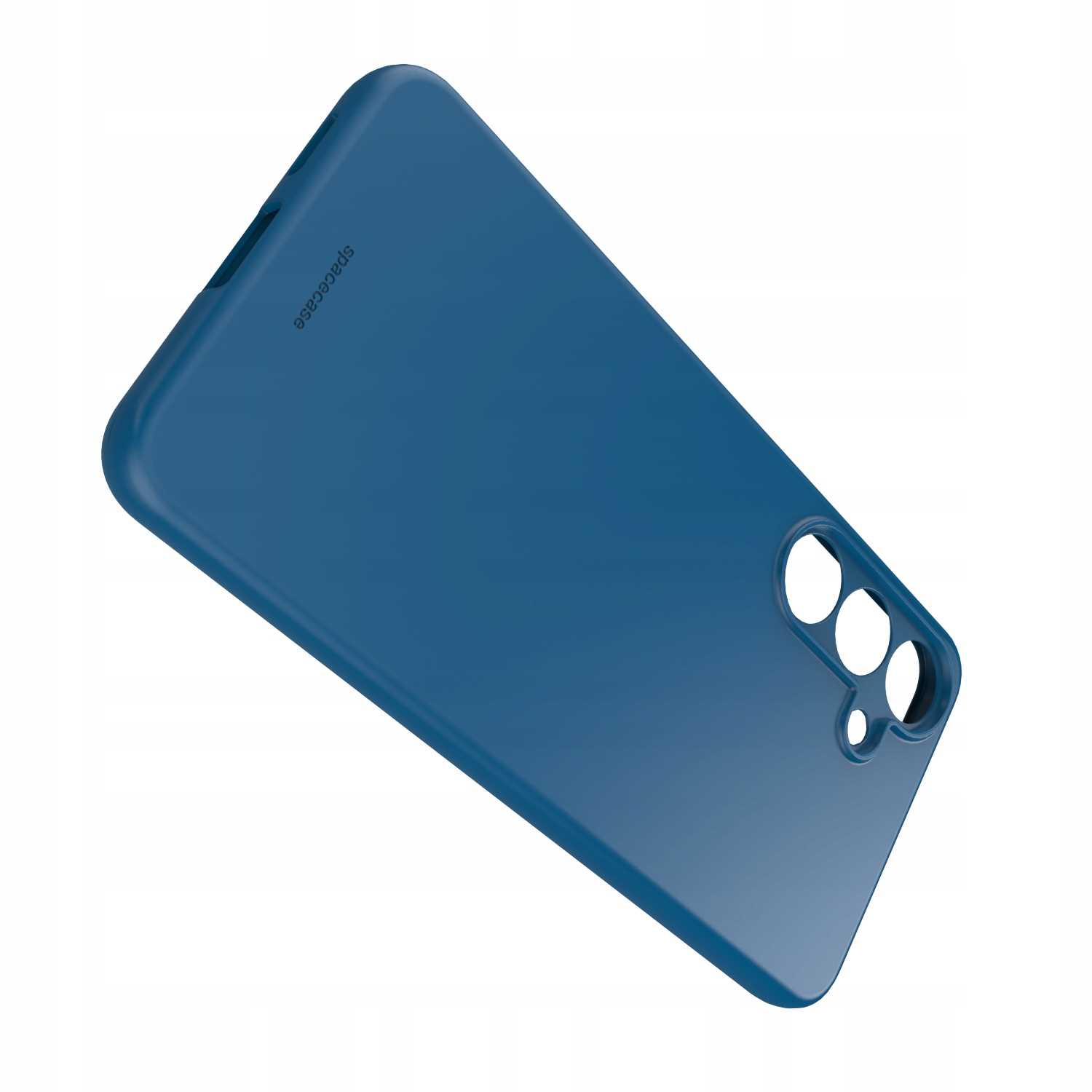 Niebieskie etui na telefon z marką 'spacecase' na białym tle. Etui ma kilka otworów.