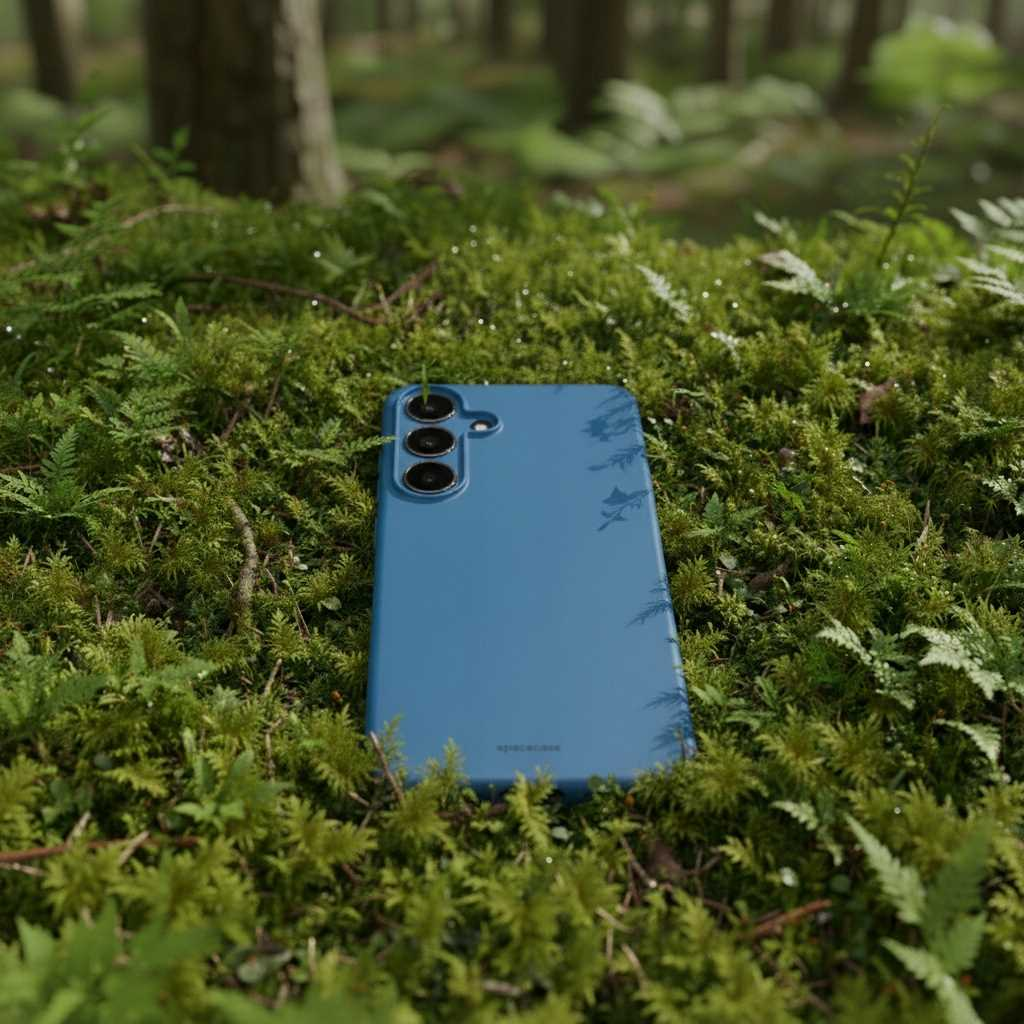 Niebieski smartfon leży na zielonym mchu w lesie. Widoczny jest aparat telefonu. Drzewa są w rozmytym tle.