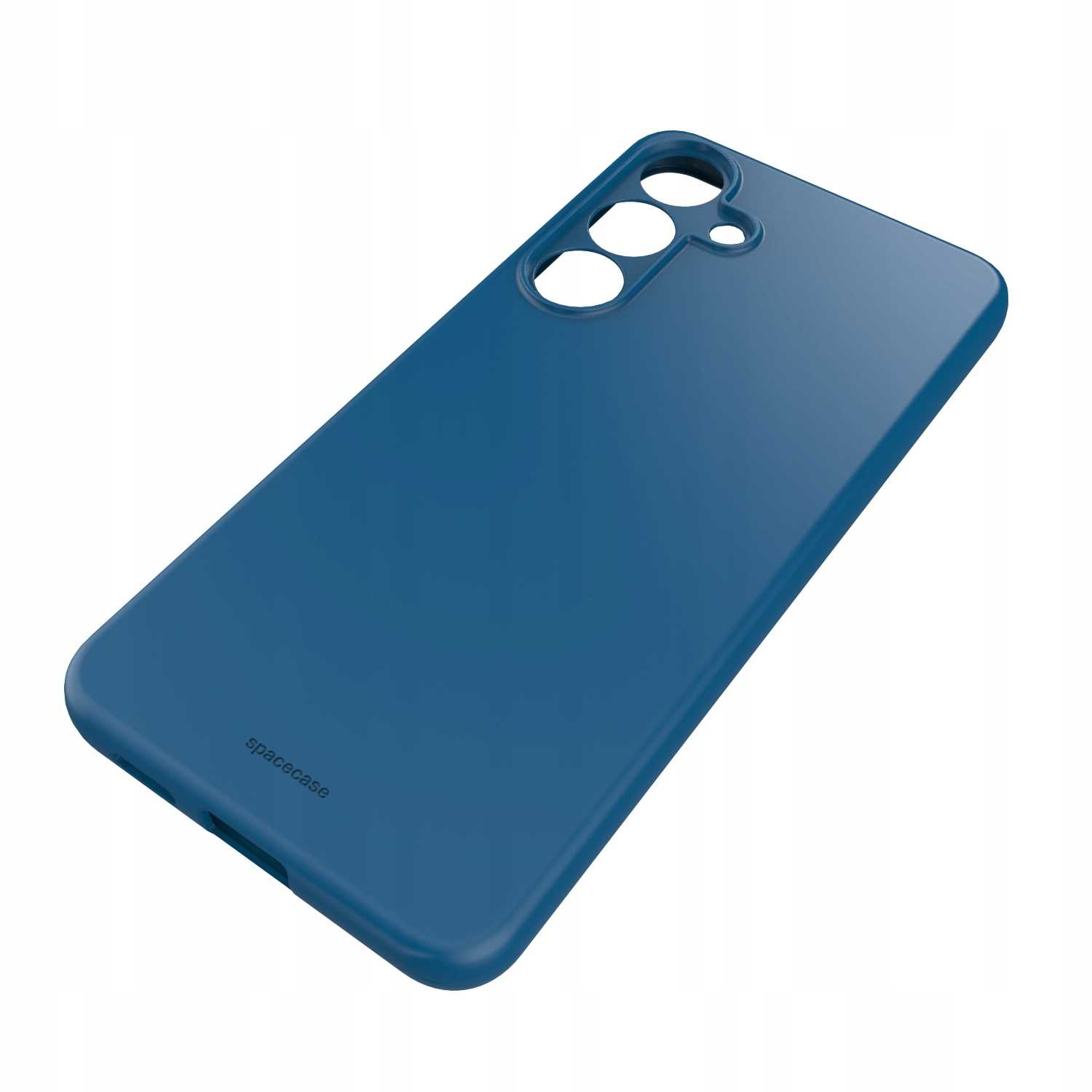 Ciemnoniebieskie etui na telefon. Ma otwory na aparat i przyciski oraz napis spacecase.