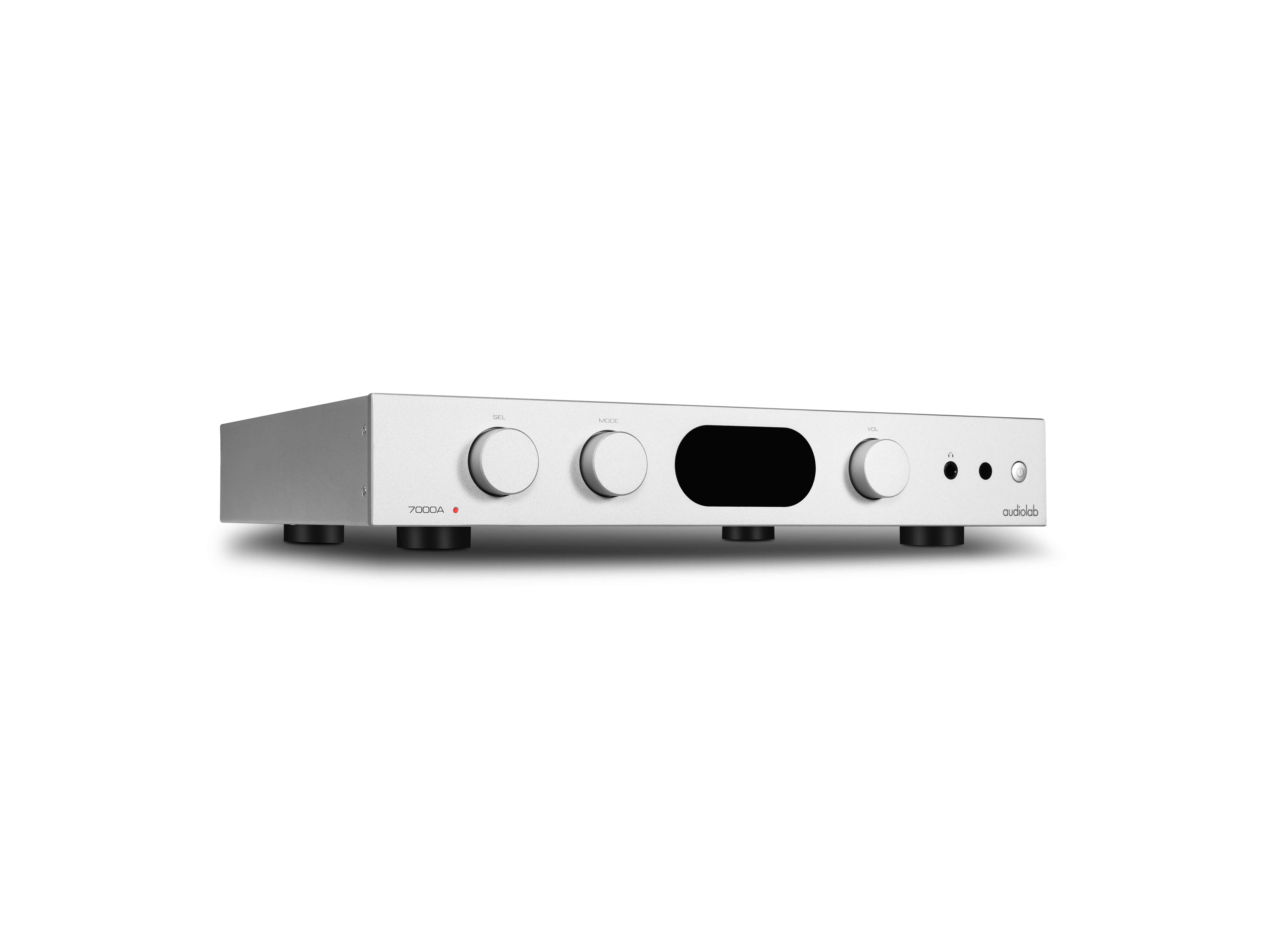 Zilveren audio component met knoppen en display, op witte achtergrond.