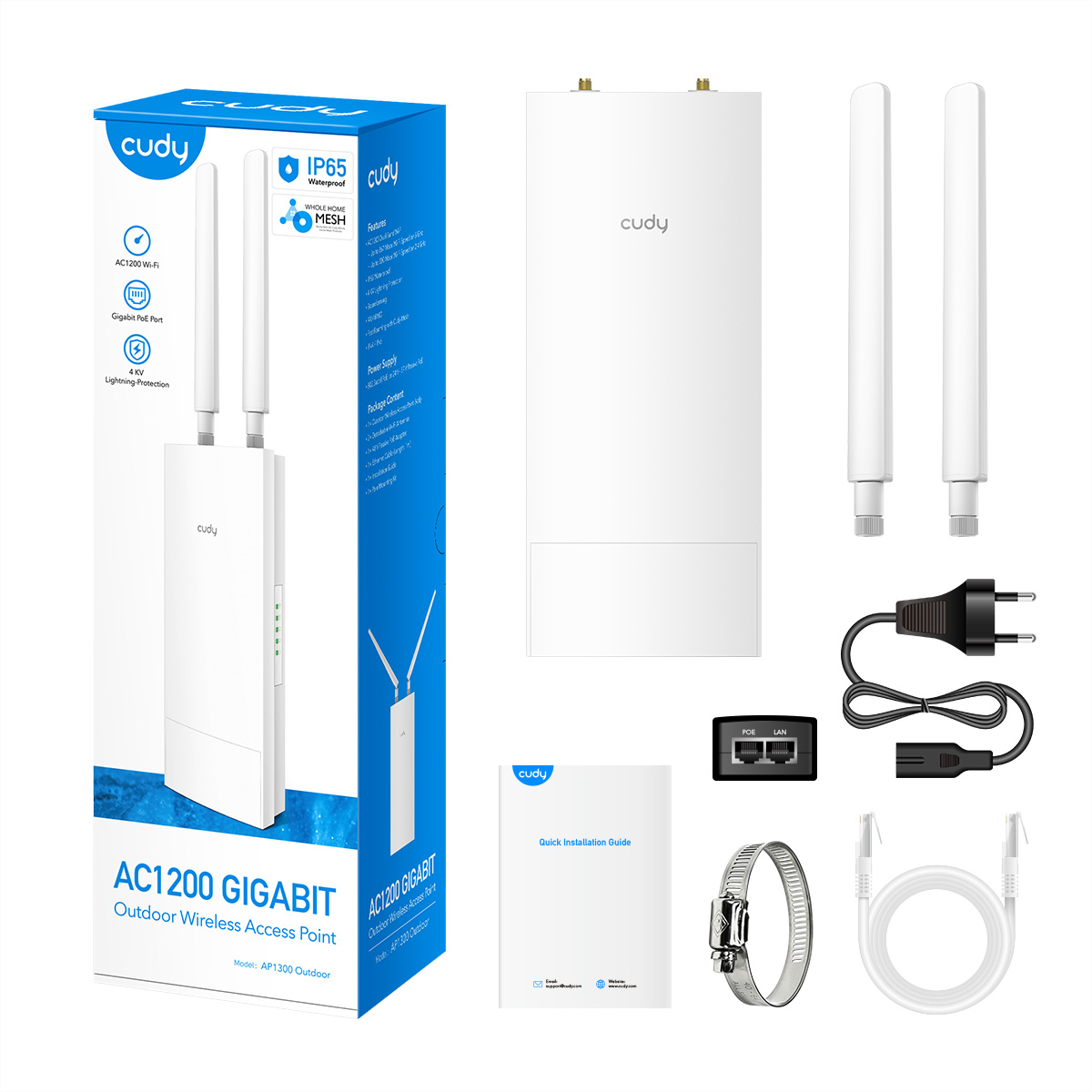 Un kit de punto de acceso inalámbrico para exteriores Cudy AC1200 Gigabit blanco. Incluye el punto de acceso, antenas, fuente de alimentación y guía de instalación rápida.