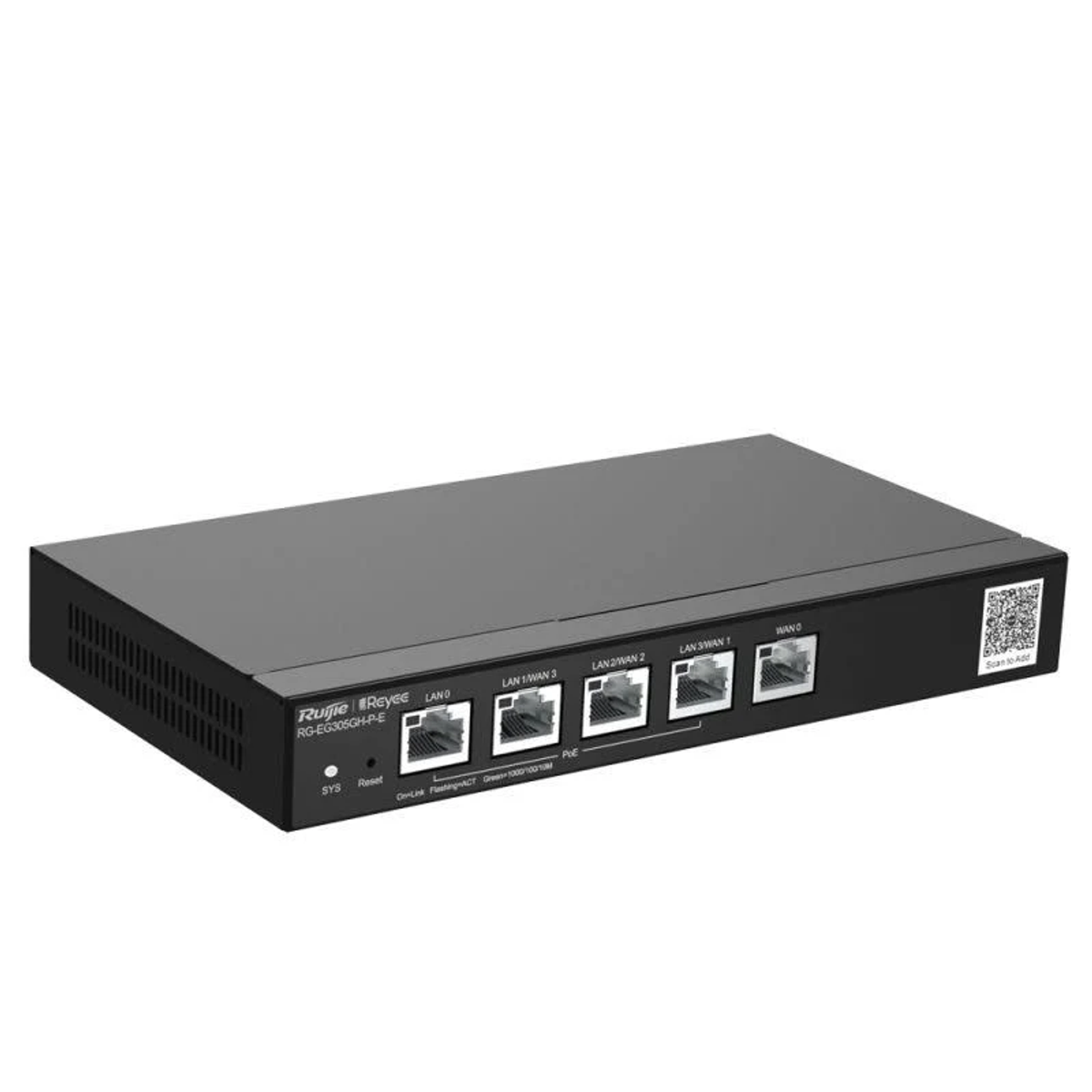 Un router negro Ruijie Reyee. Tiene varios puertos etiquetados como LAN y WAN. Un código QR está en el lado derecho. Modelo RG-EG305GH-P-E.