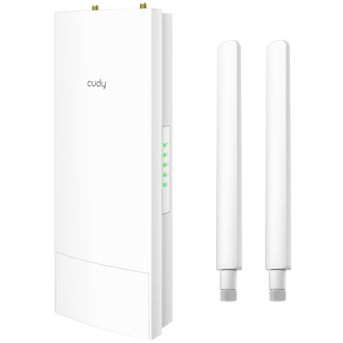 Un dispositivo Cudy blanco con dos antenas. El dispositivo tiene luces verdes y la palabra 'cudy'. Dos antenas están junto al dispositivo.