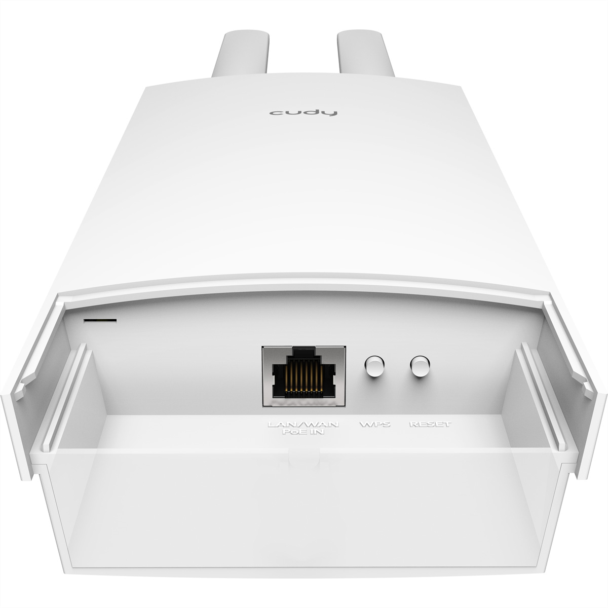 Router Cudy blanco con dos antenas. Tiene un puerto LAN/WAN, botones WPS y Reset. La marca es visible en la parte superior.