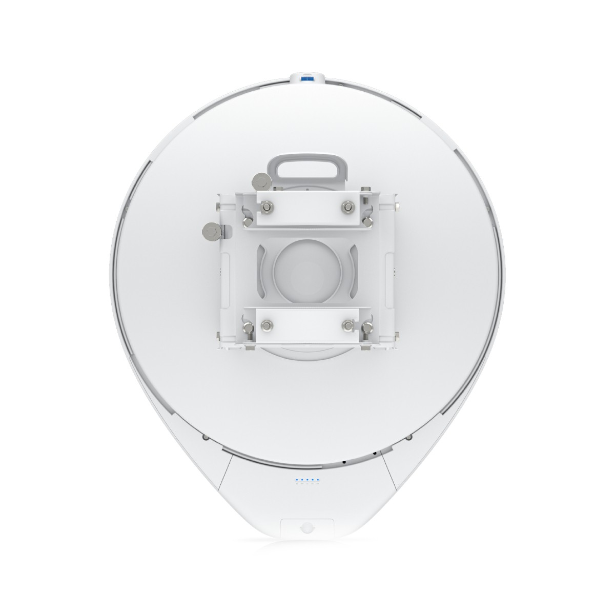 Antenna bianca, circolare, con staffa centrale, maniglia e hardware di montaggio. Indicatori blu alla base.