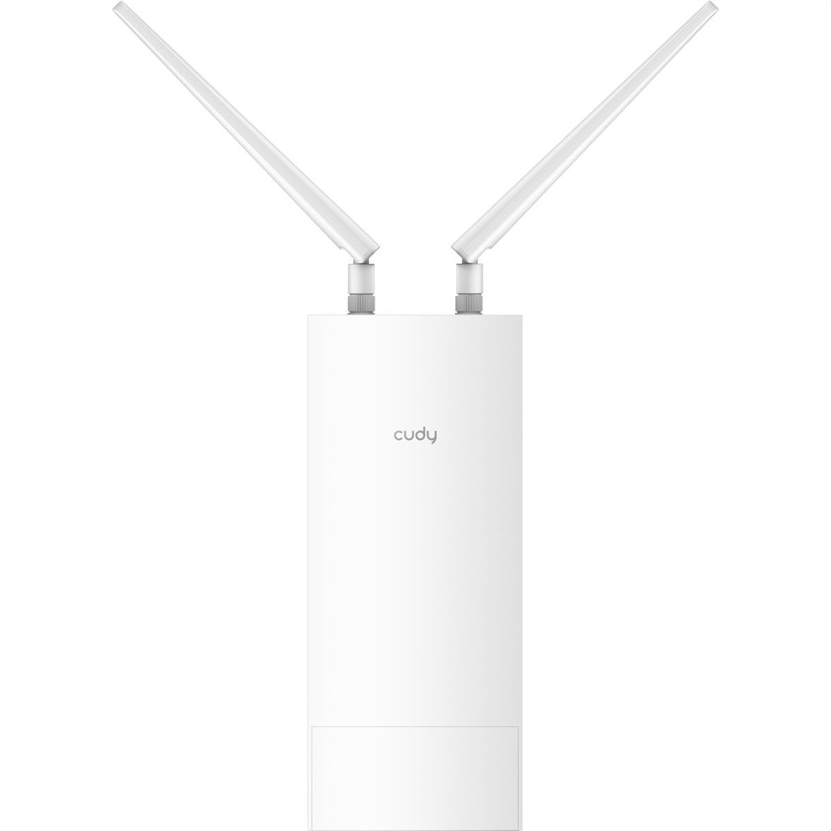 Un enrutador Cudy blanco con dos antenas apuntando hacia arriba. El enrutador tiene la marca 'cudy' impresa. El fondo es blanco.