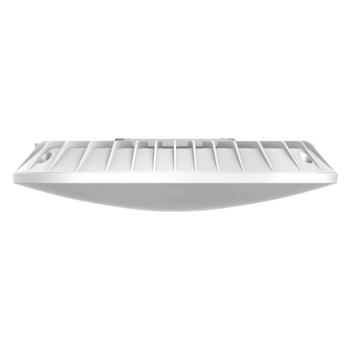 Un objeto rectangular blanco y redondeado con crestas en la parte superior y una parte inferior lisa y curvada. Parece un aparato de iluminación.