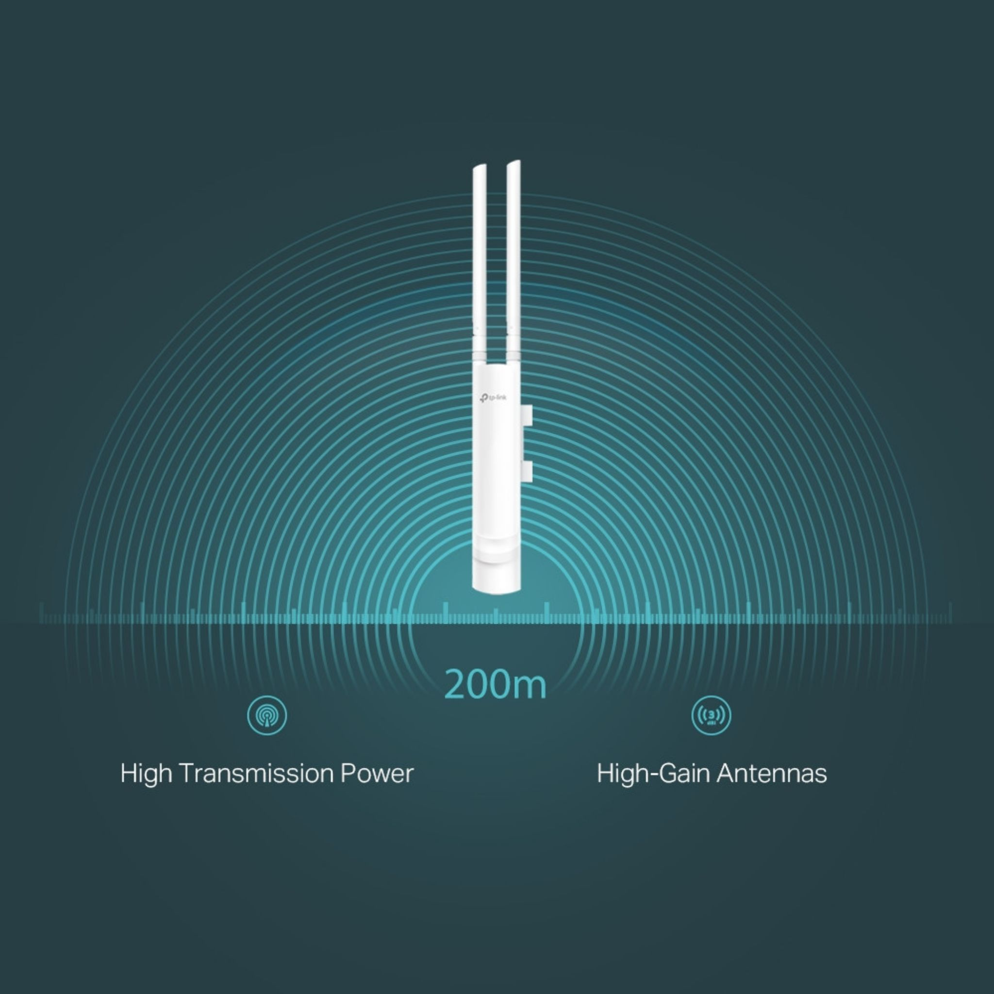 Biała antena Wi-Fi z dwoma pionowymi masztami jest wyśrodkowana. Ma zasięg 200 m. Tekst: Wysoka moc transmisji, anteny o dużym zysku.