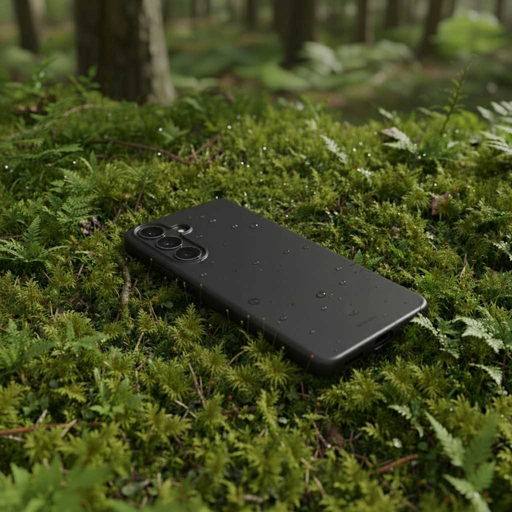 Czarny smartfon z kroplami wody leży na mchu i paprociach. Tło przedstawia rozmyty krajobraz leśny ze światłem słonecznym.