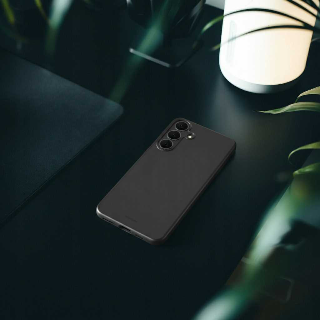 Czarny smartfon z trzema aparatami leży na ciemnym biurku. Rośliny i lampa w tle. Telefon jest pod kątem.