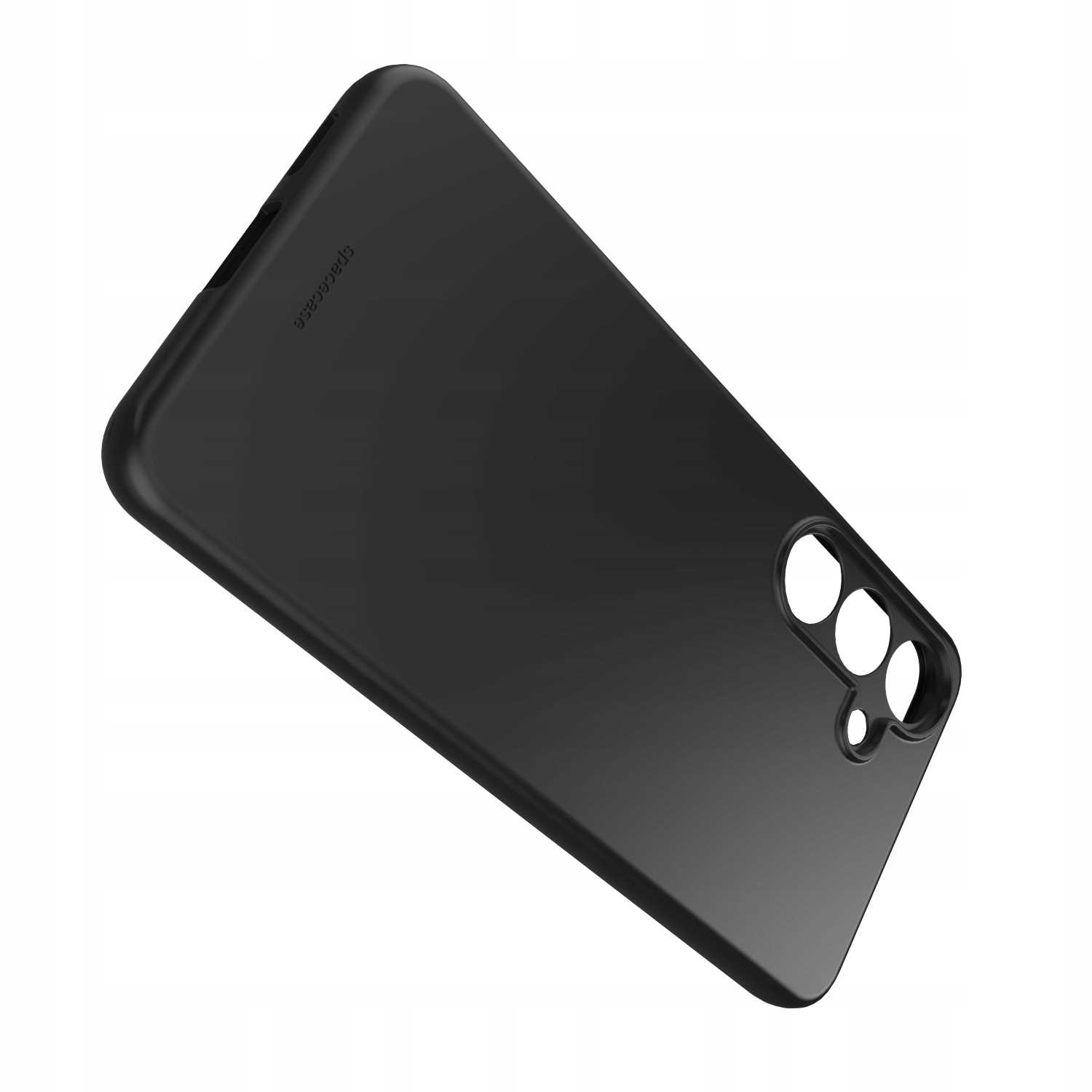 Czarny futerał na telefon z nadrukiem 'spacecase', ustawiony pod kątem na białym tle. Posiada otwory na aparat.