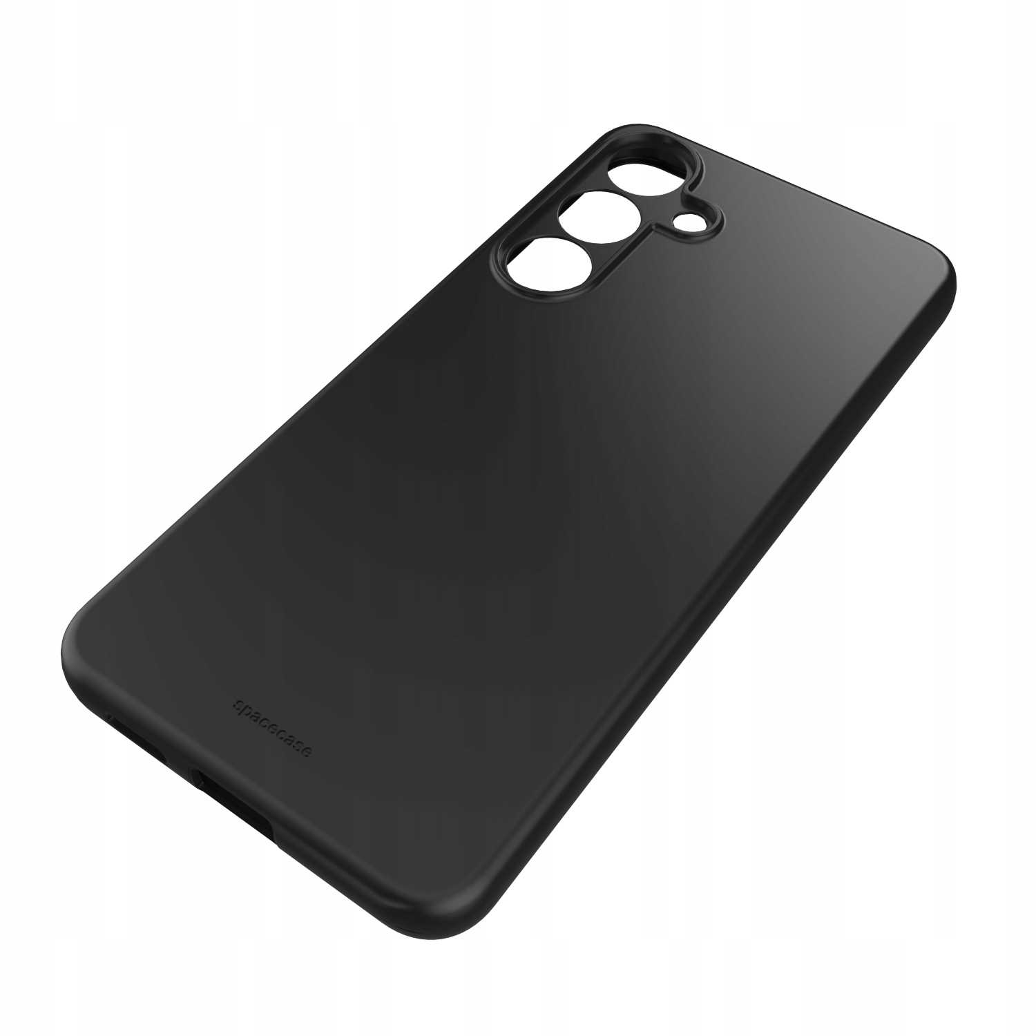Czarna obudowa telefonu z wycięciami na aparat na białym tle. Na obudowie napis 'spacecase'.