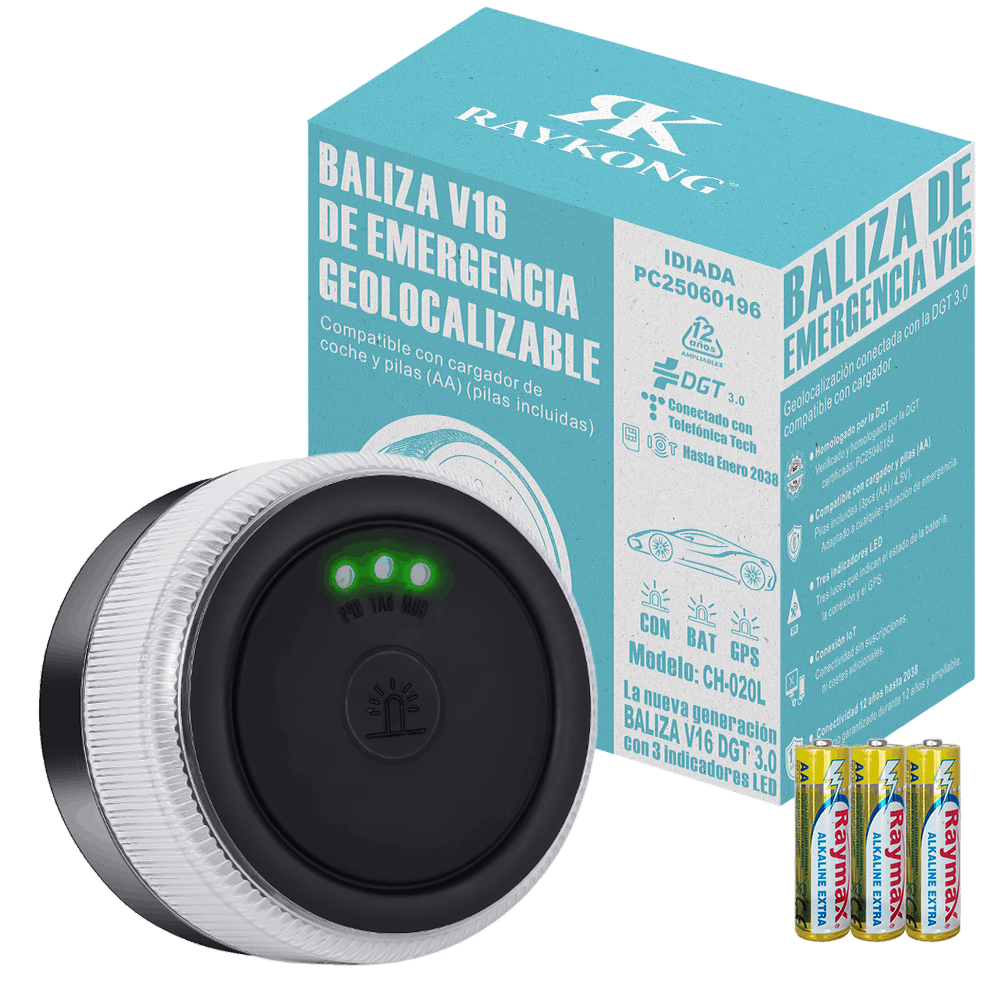 Dispositivo negro y plateado con luces verdes, caja y pilas. Texto: BALIZA V16. Baliza de emergencia con cargador y GPS.