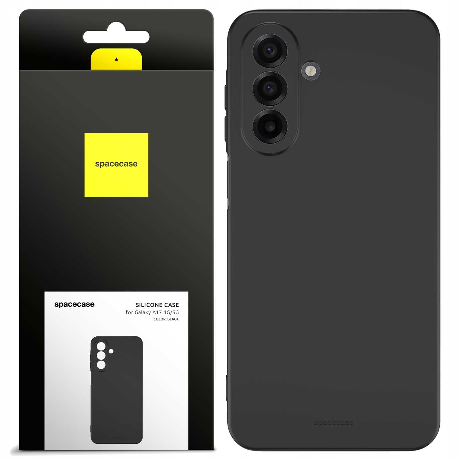 Czarny futerał na telefon i opakowanie. Opakowanie ma logo 'spacecase' i informacje o produkcie. Etui ma trzy aparaty.