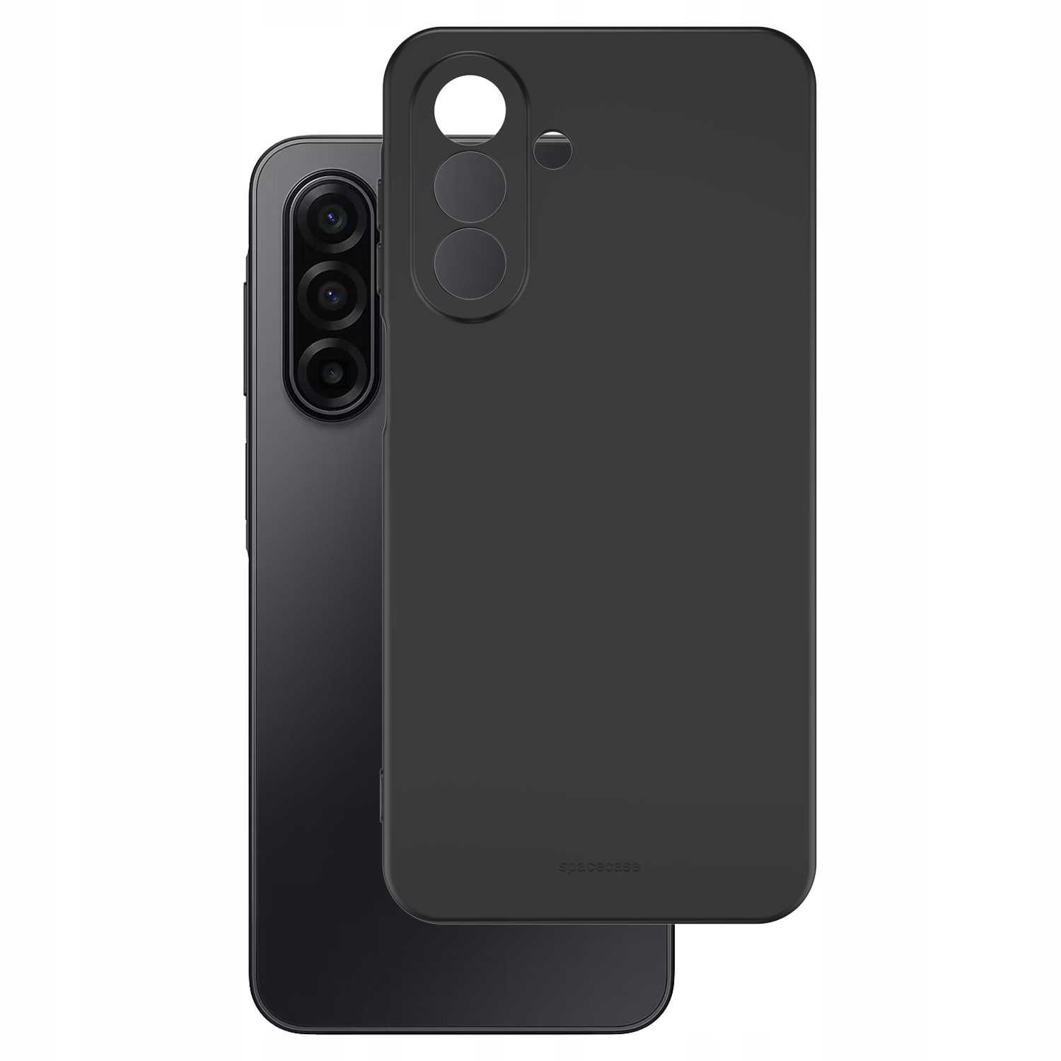 Czarny smartfon z czarnym etui. Telefon ma trzy obiektywy aparatu. Etui ma otwory na aparat i lampę błyskową.