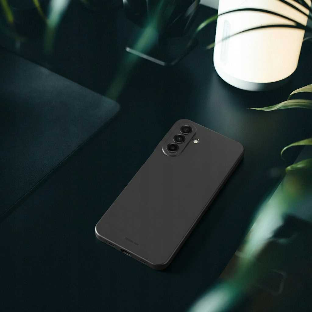 Ciemnoszary smartfon z trzema aparatami leży na ciemnej powierzchni, biała lampa i zielone rośliny w tle.
