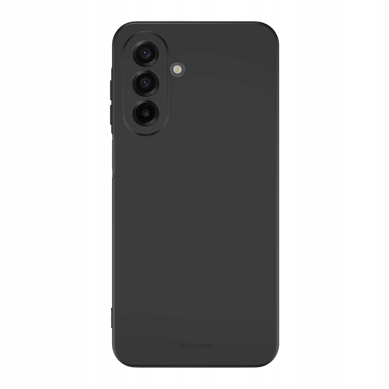 Czarny pokrowiec na telefon z potrójnym aparatem i napisem 'spacecase' na dole. Na białym tle.