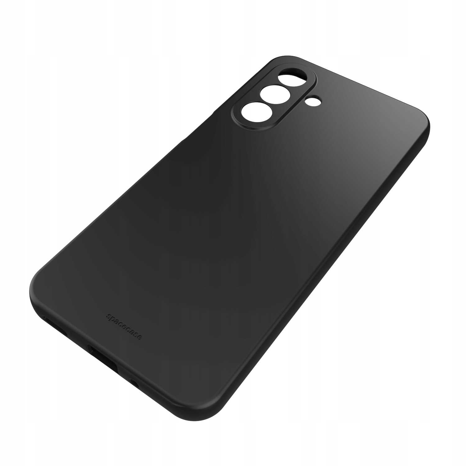 Czarny futerał na telefon z wycięciami na aparat i marką 'spacecase' wyświetlony na białym tle.