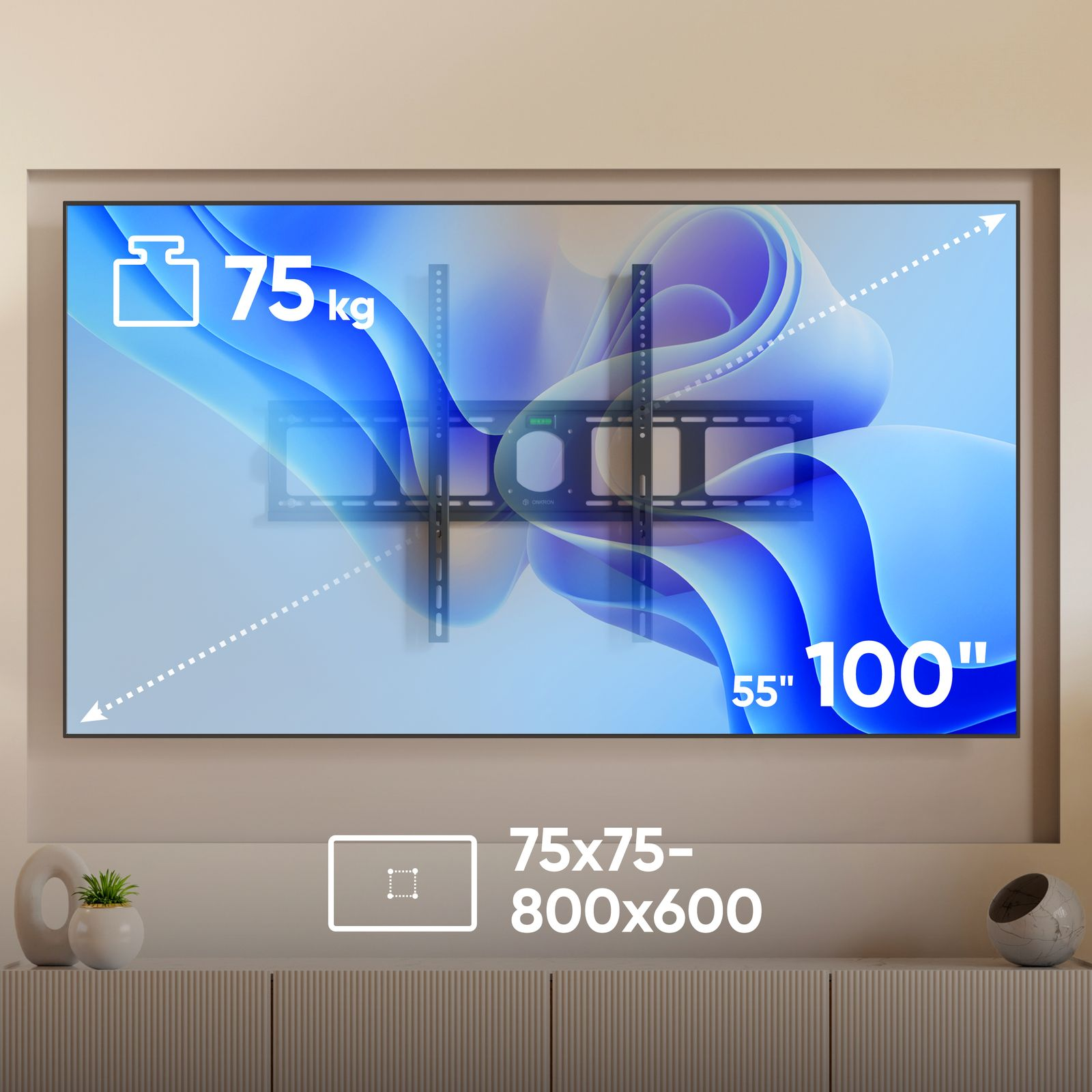 Telewizor z uchwytem ściennym, udźwig 75 kg, wymiary 55" i 100". Poniżej szafka z dekoracjami.