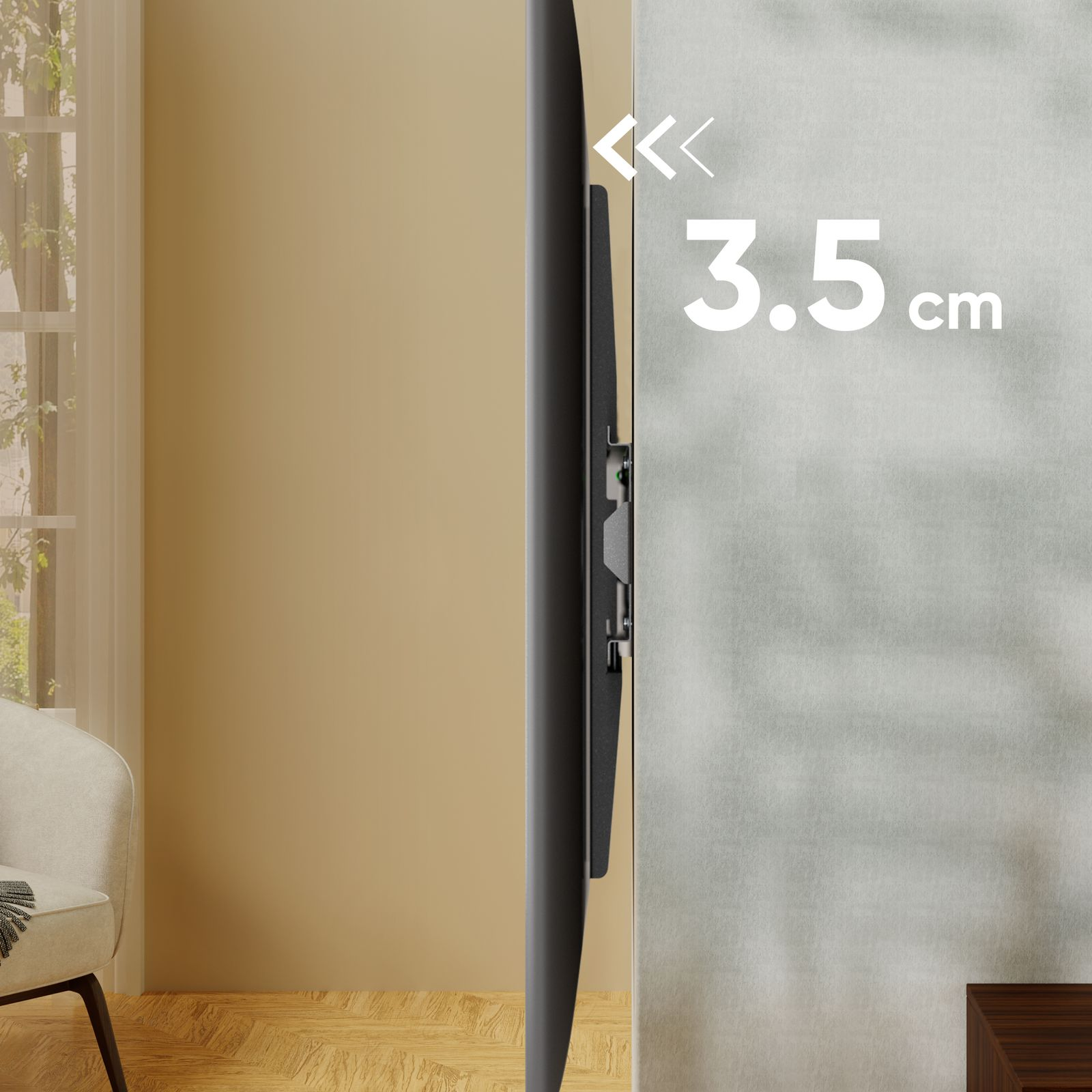 Telewizor jest zamontowany blisko ściany, pokazując grubość 3,5 cm. Ściana jest jasnoszara, druga beżowa.