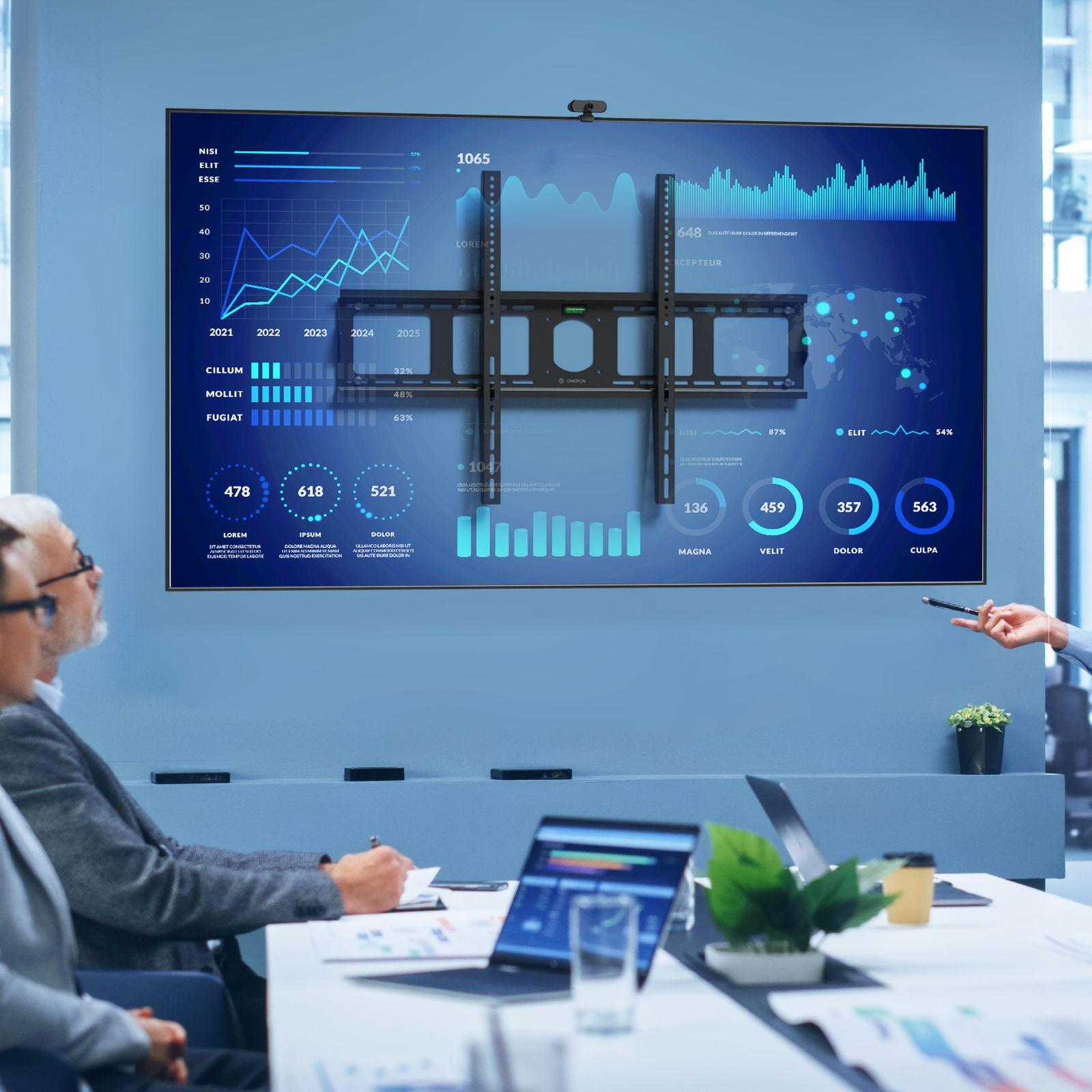 Spotkanie biznesowe z dużym ekranem wyświetlającym wykresy i dane. Ludzie siedzą wokół stołu, dyskutując.