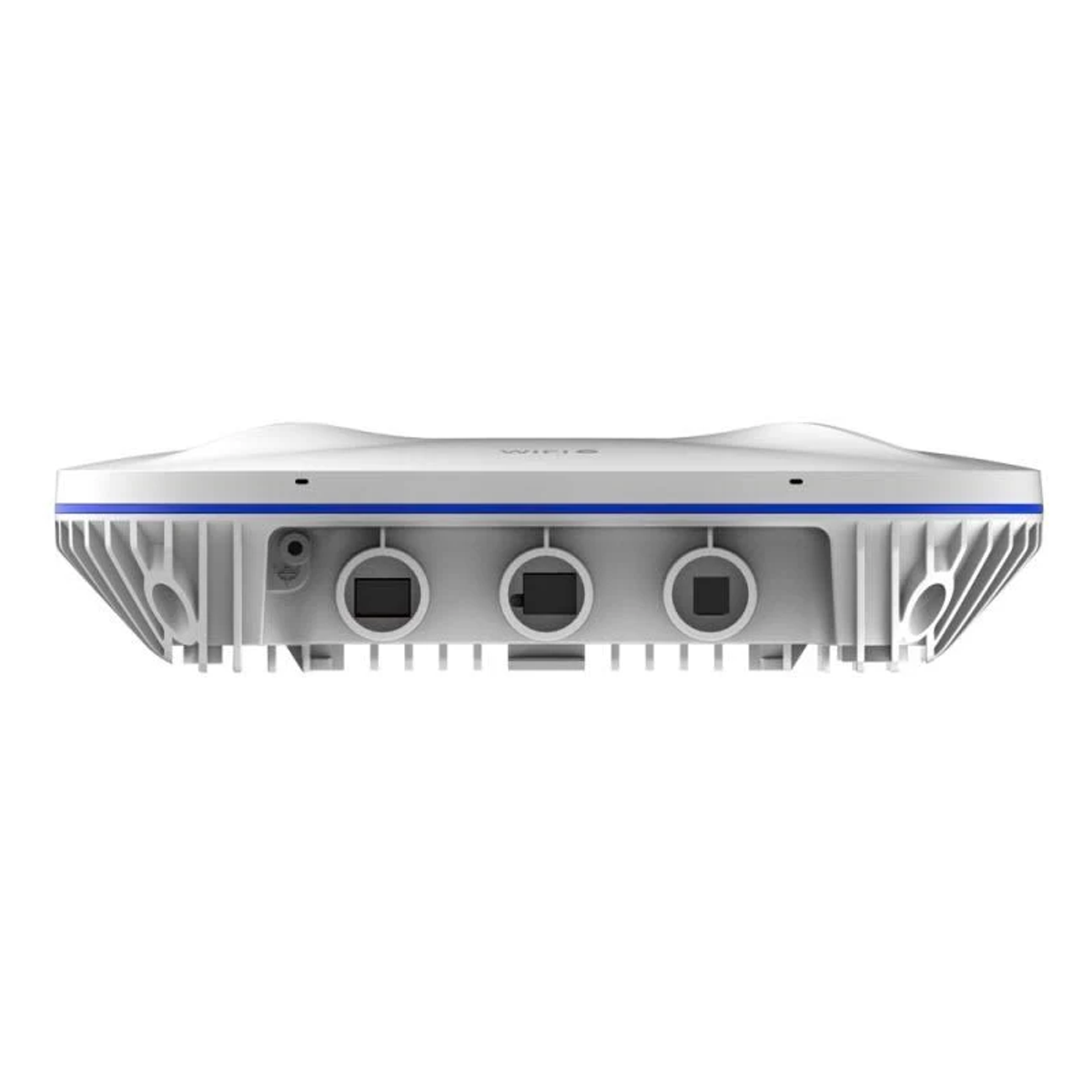 Dispositivo WiFi blanco, ribete azul. Tres puertos visibles. Aletas anguladas en los lados. Diseño limpio y moderno, aislado sobre fondo blanco.