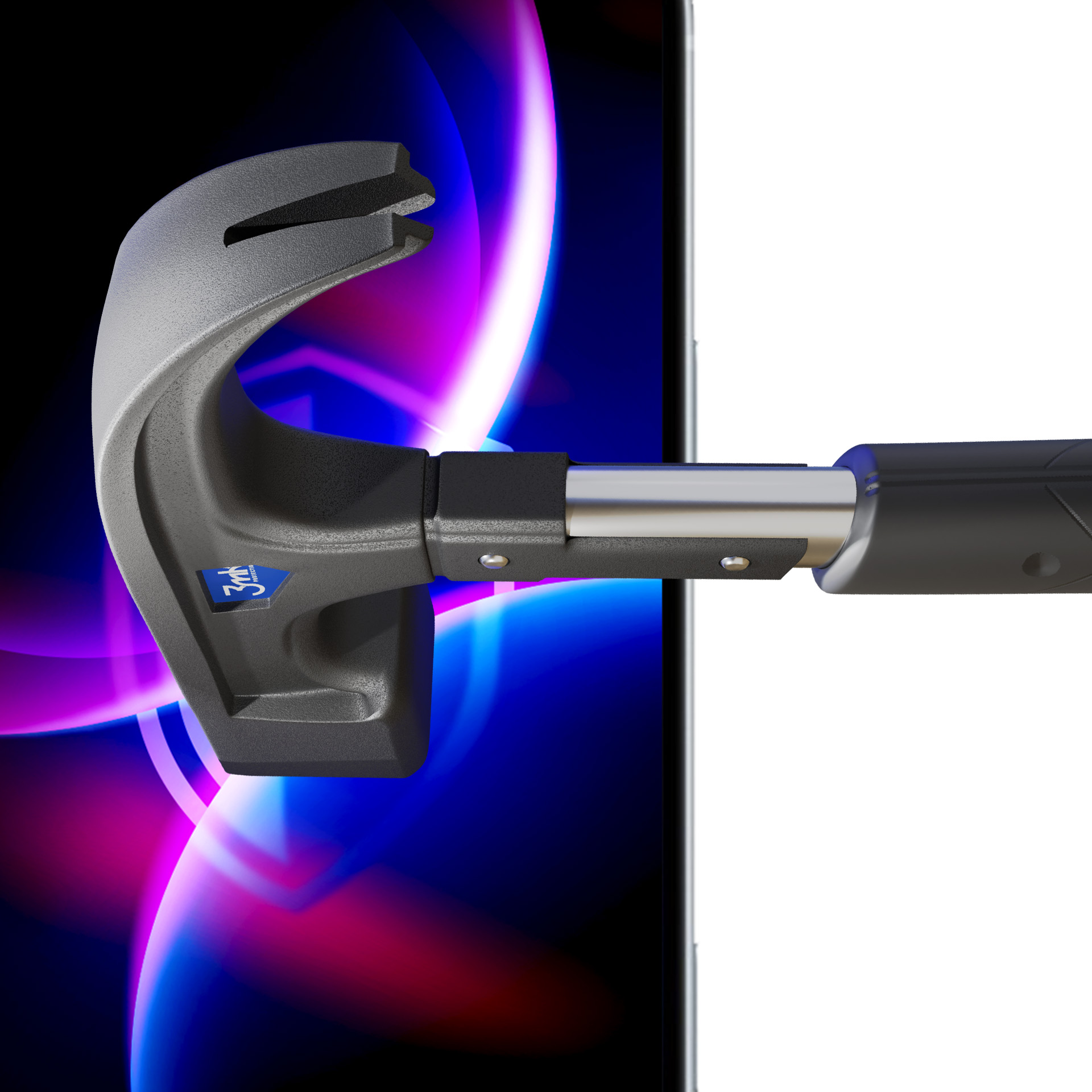 Szary młotek uderza w ekran smartfona z niebieskim, fioletowym i różowym tłem.