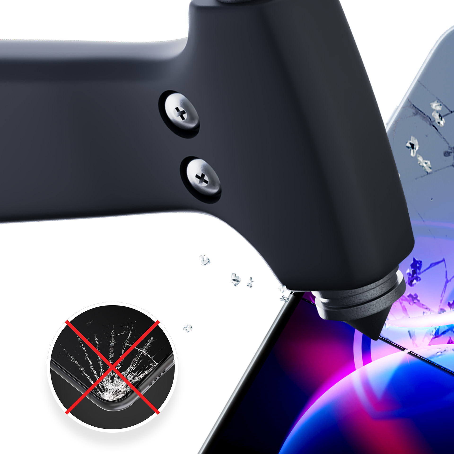 Młotek uderza w ekran telefonu, który pęka. Grafika pokazuje pęknięty ekran z czerwonym krzyżem.